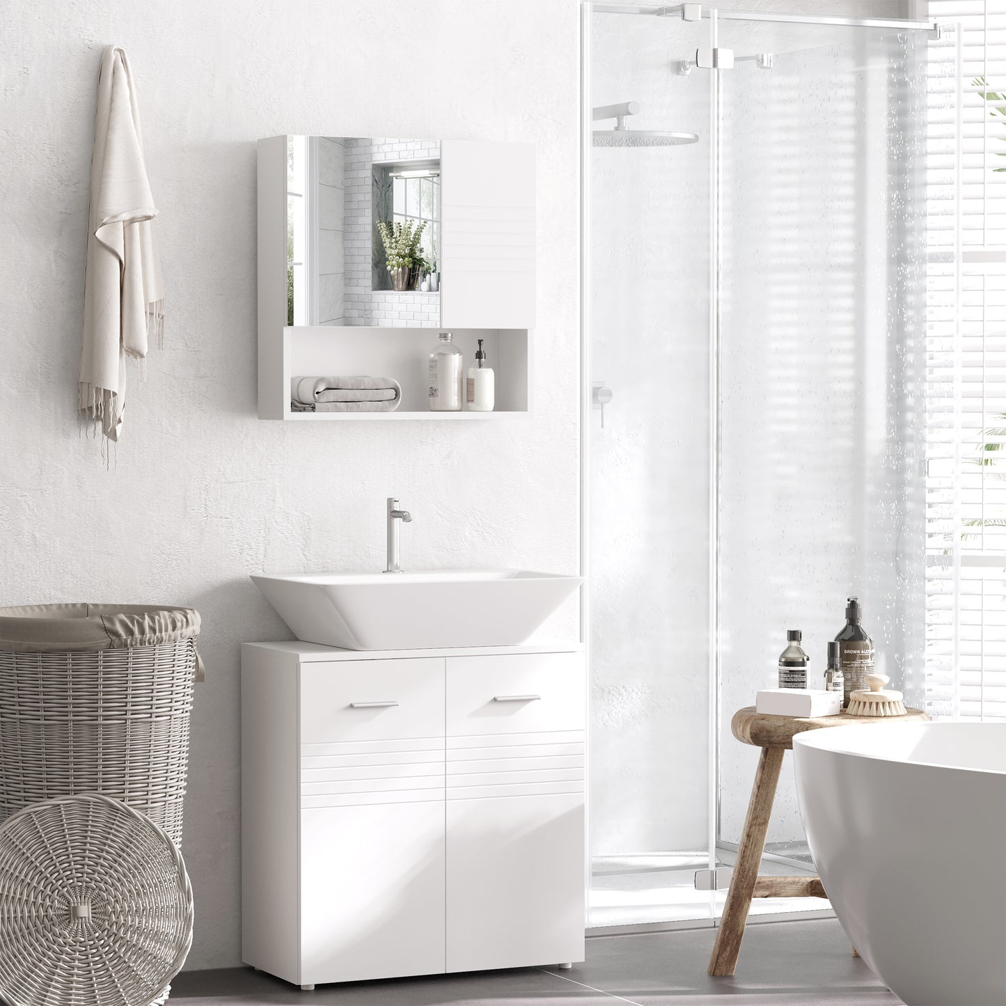 Kleankin Bathroom Mirror Cabinet Wall-Mounted Storage WDouble Door Adjustable Shelf - White