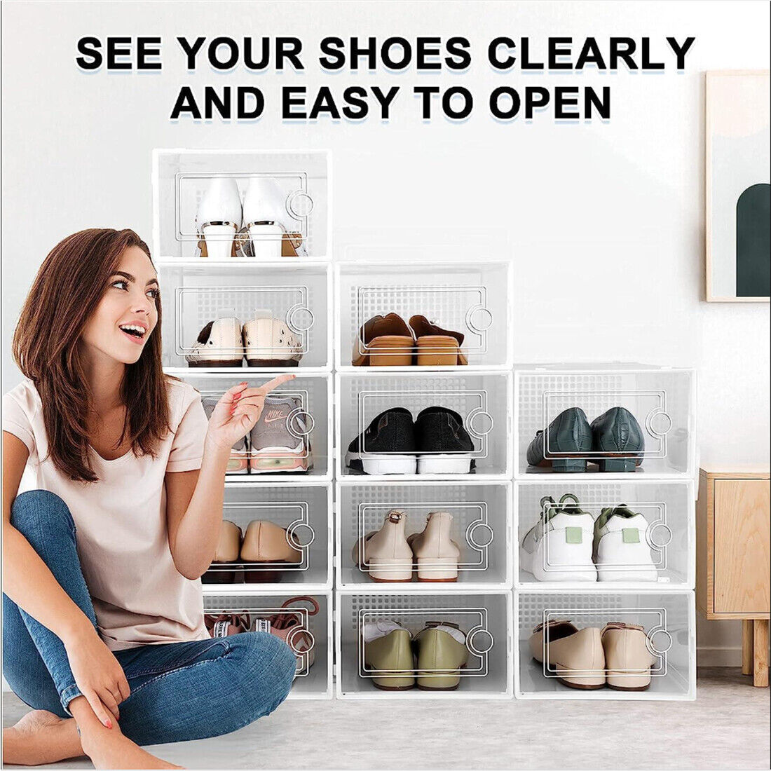 12Pcs Transparent Clear Shoe Storage Box Rack Plastic Organizer Boxers Stackable White Black