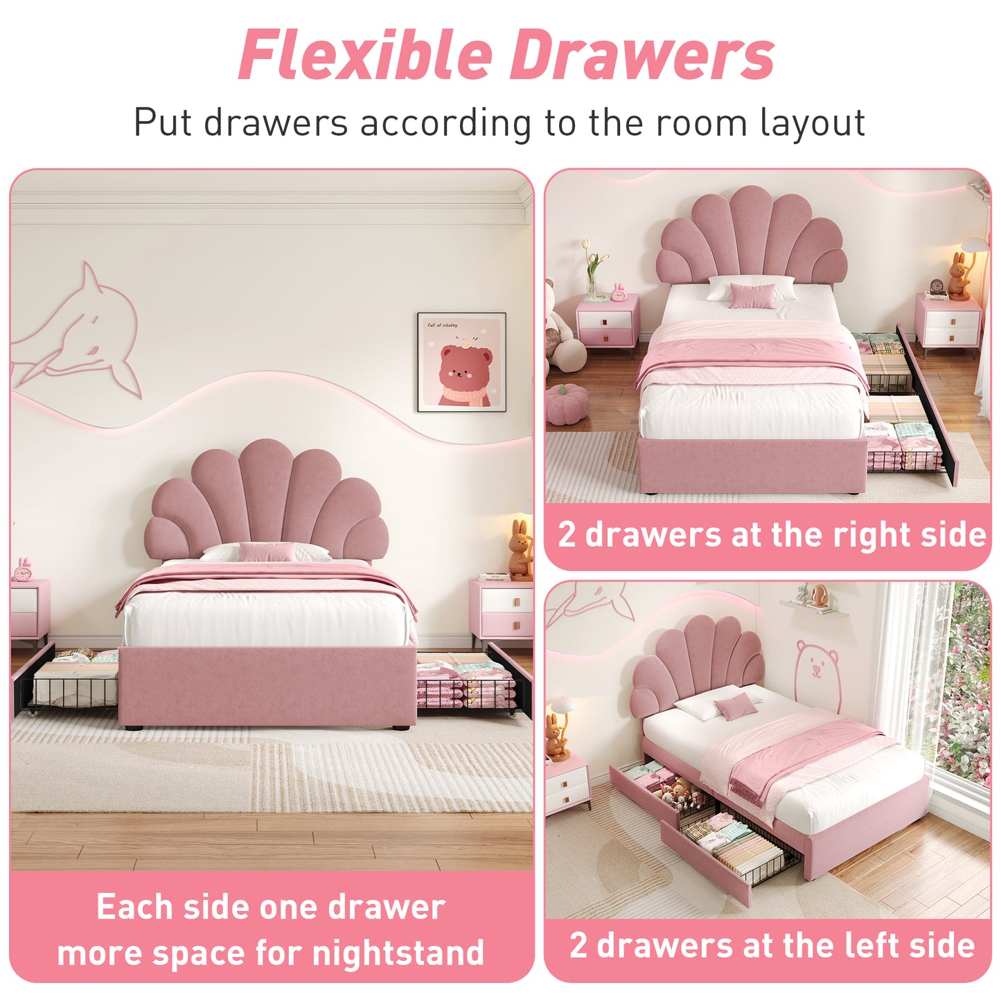 3ft Single Upholstered Bed With Adjustable Chic Petal Headboard, Soft Velvet Bed Frame With 2 Storage Drawers, Petal Bed With Solid Wood Slat, No Box Spring Needed, Easy Assembly, Pi Nk No Mattress