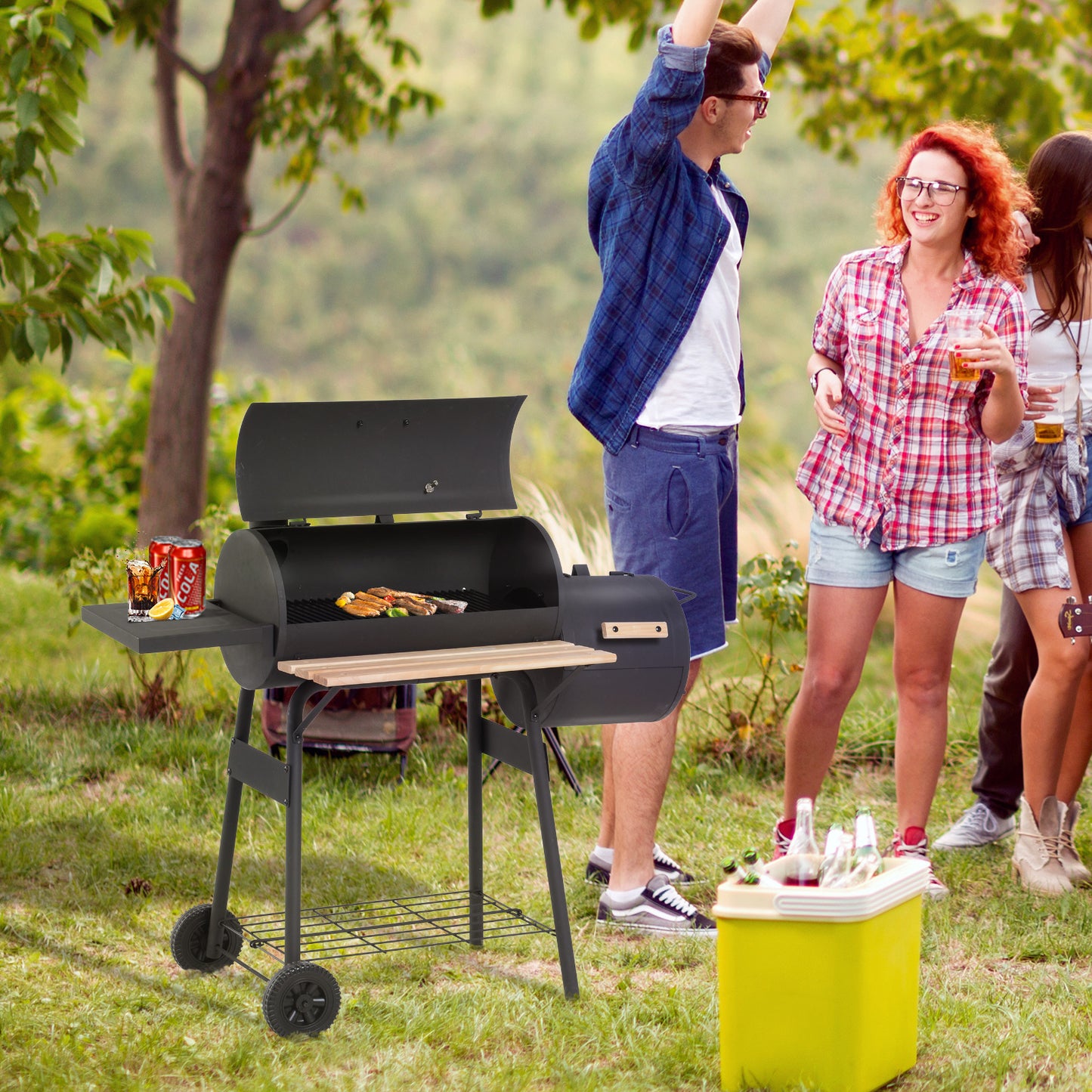 Portable Charcoal BBQ Grill, Cold-rolled Steel, Solid Wood, 104H X 124L X53W Cm-Black