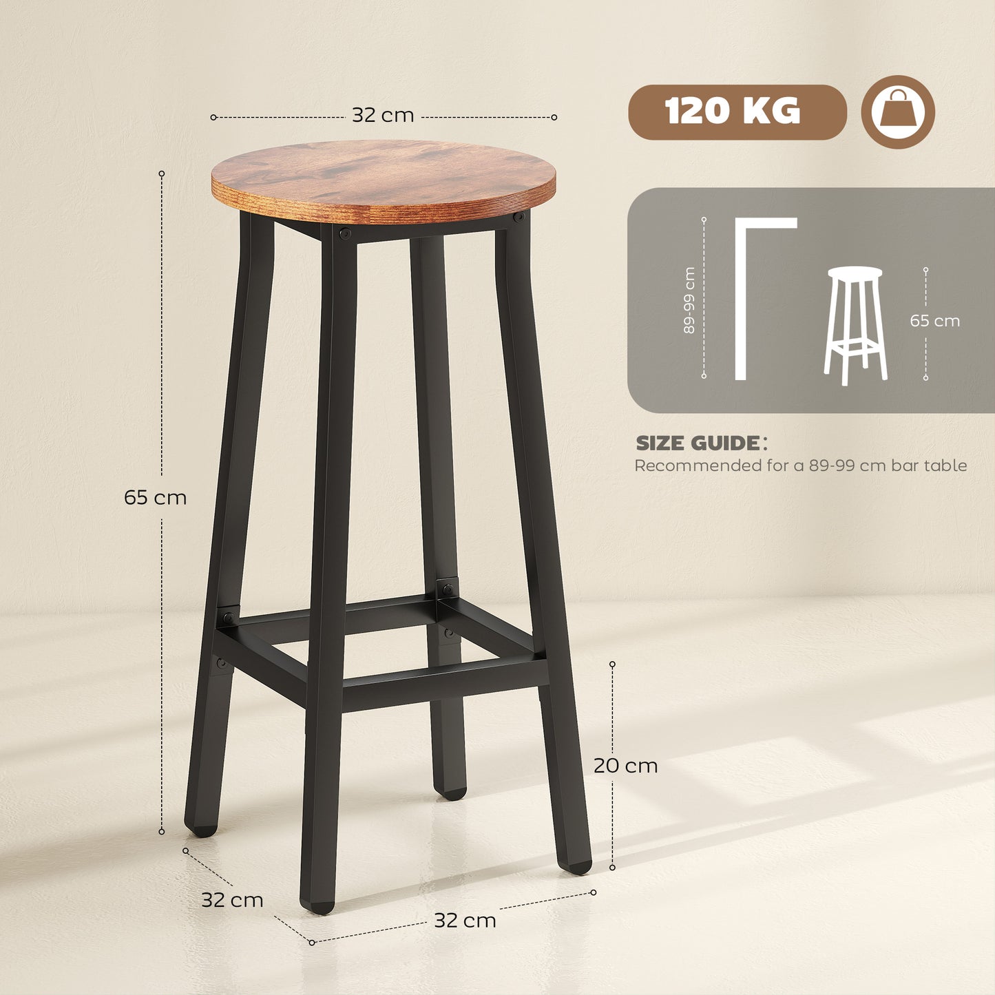 Bar Stools Set Of 2 Breakfast Bar Stools With Footrest, Industrial Round, 32 X 32 X 65 Cm, Rustic Brown