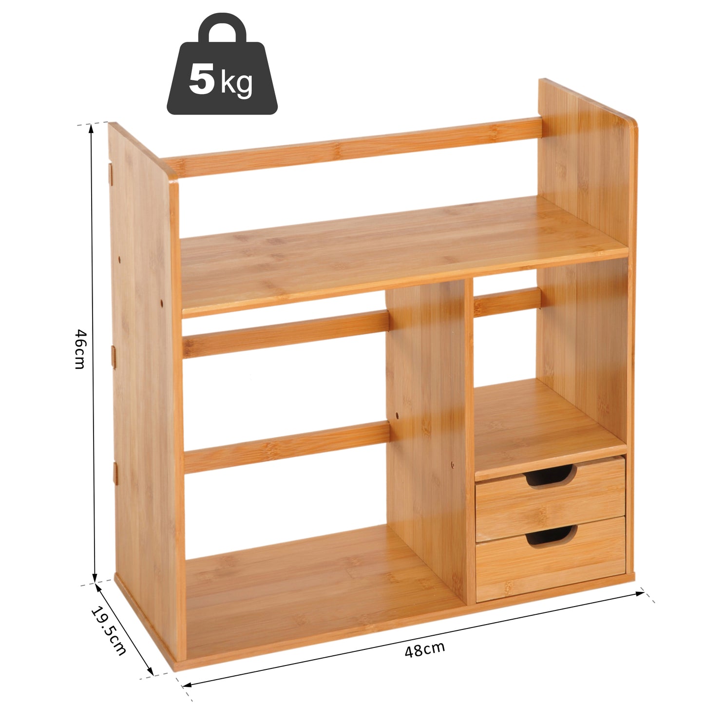 Desk Organiser Compartments Desktop Bookshelf Stationery Storage Shelf Document File Holder With 2 Drawers 2-way Reversed Use Bamboo