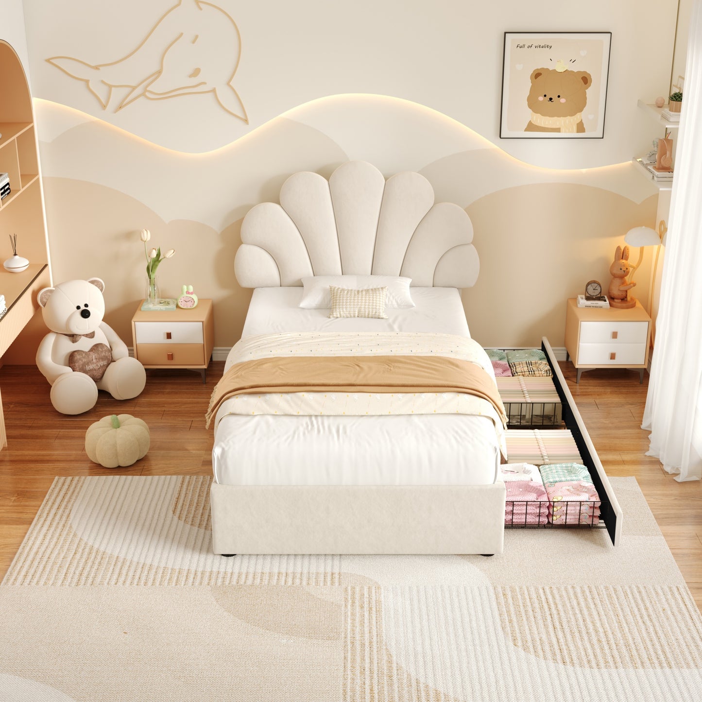 3ft Single Upholstered Bed With Adjustable Chic Petal Headboard, Soft Velvet Bed Frame With 2 Storage Drawers, Petal Bed With Solid Wood Slat, No Box Spring Needed, Easy Assembly, Beige No Mattress