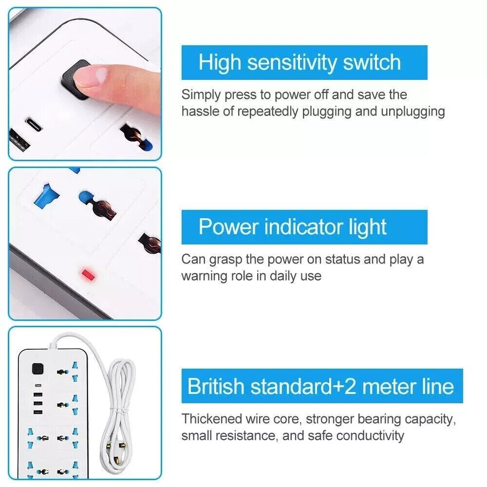 Extension Lead Cable Electric Mains Power 6 Gang Way 4 USB Plug Socket