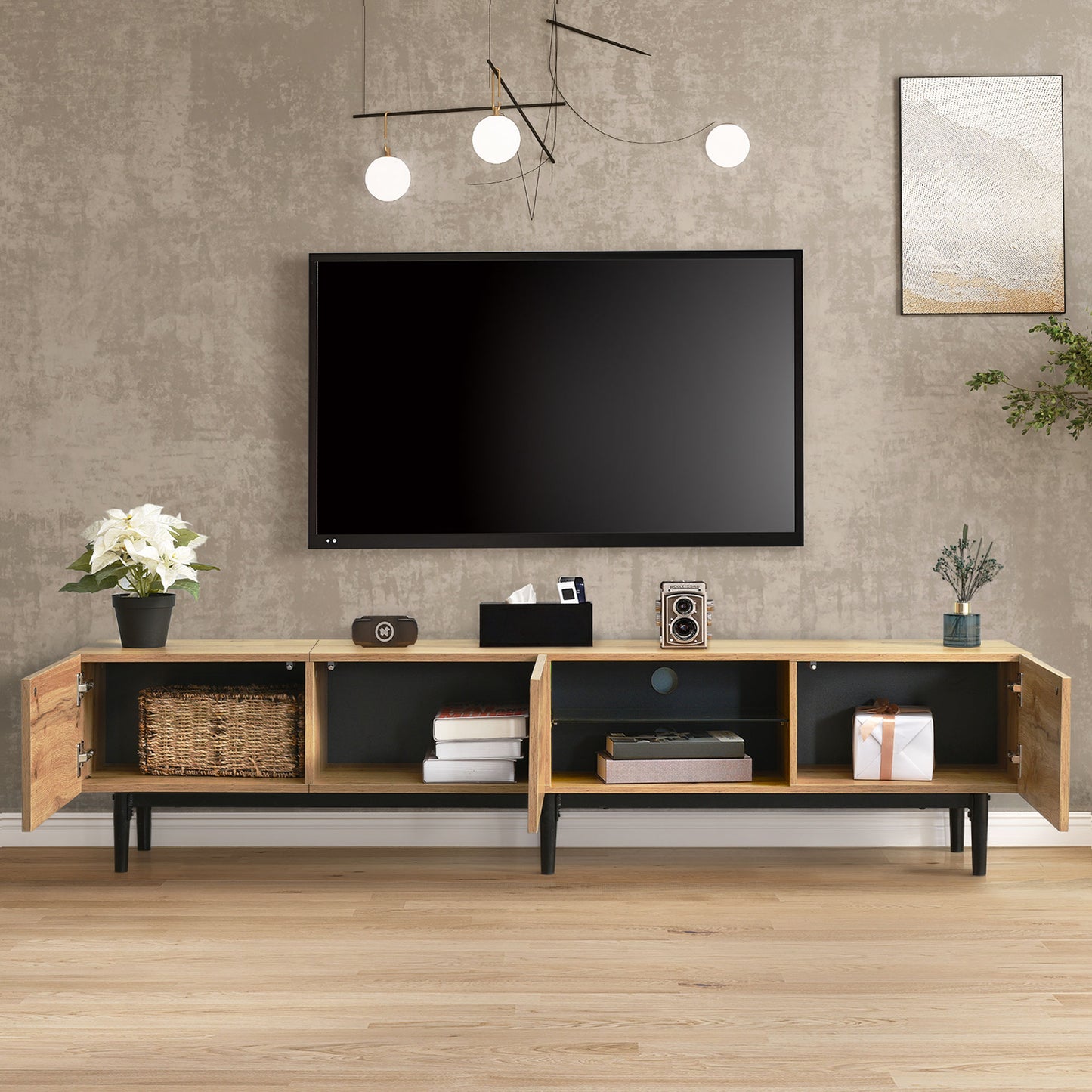 Modern TV Cabinet With Adjustable LED Lighting Large Storage Space Wood Grain Finish & Minimalist Design Entertainment Center For Living Room Media Console With 3 Cabinets 175 X31 X 41 Cm