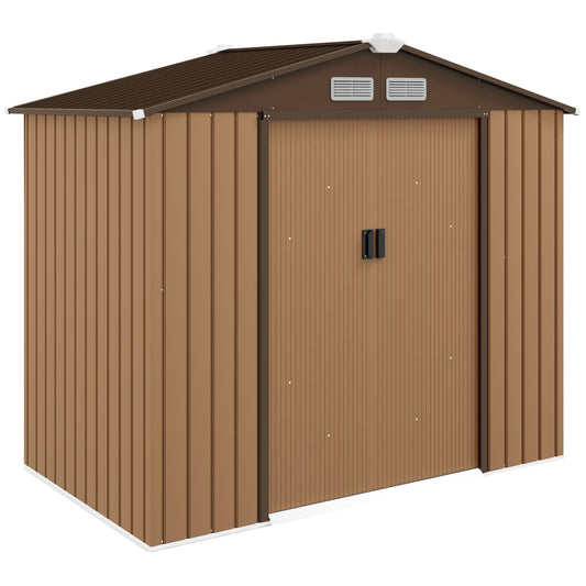 7 X 4ft Lockable Metal Garden Tool Storage Shed, Outdoor Storage Shed With Foundation And Vents, Light Brown
