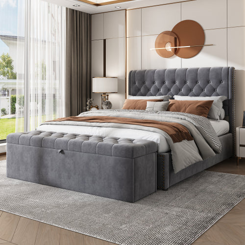 Velvet Upholstered Bench, Upholstered Bench Seat, Bed Stool, Bench With Storage Space, 135 X 41 X 42 Cm,grey