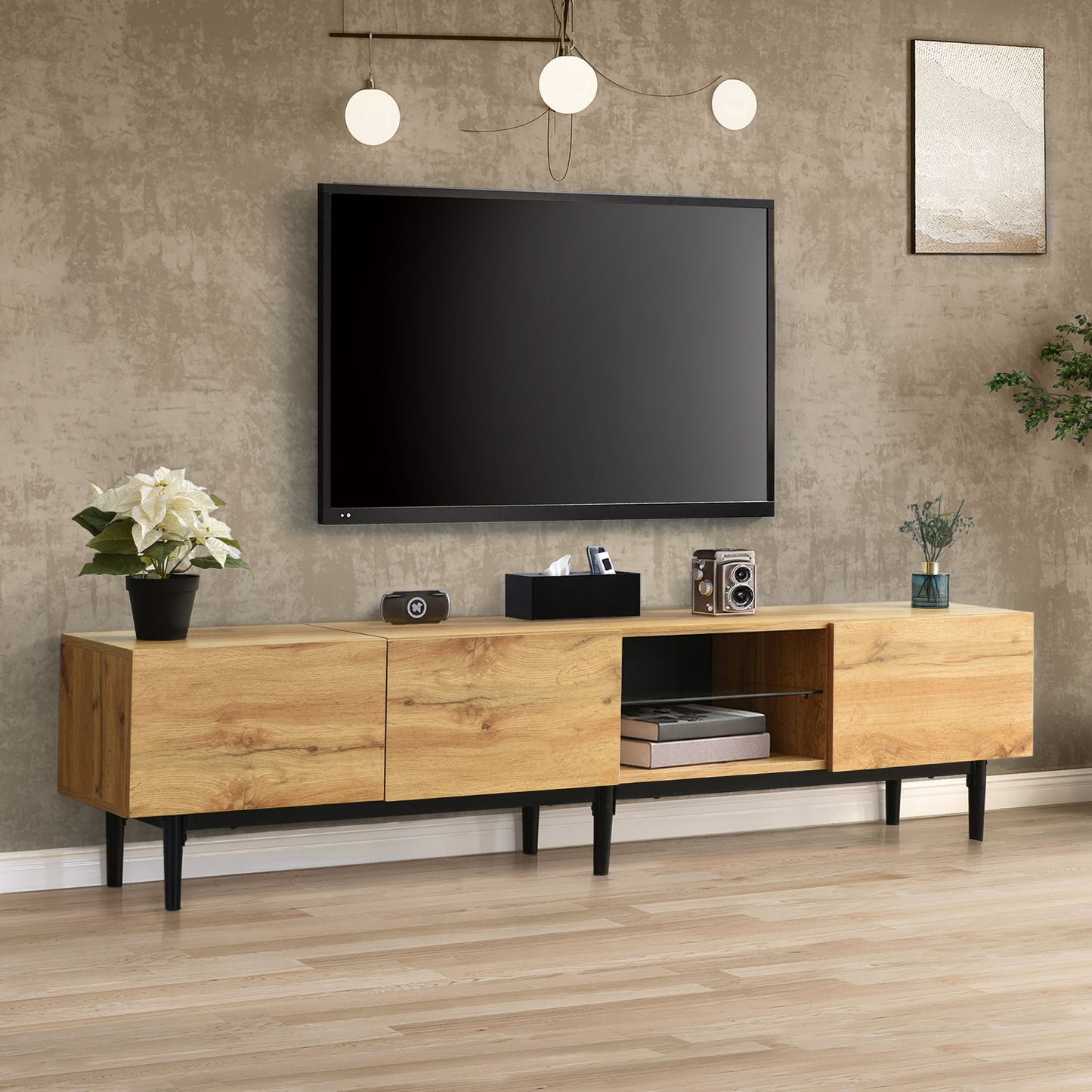 Modern TV Cabinet With Adjustable LED Lighting Large Storage Space Wood Grain Finish & Minimalist Design  Entertainment Center For Living Room Media Console With 3 Cabinets 175 X31 X 41 Cm