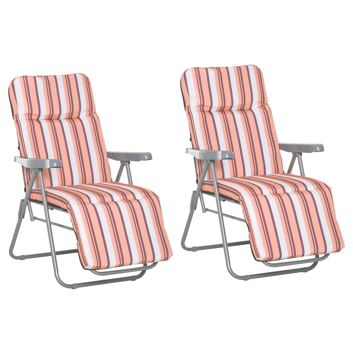Reclining Garden Chair Set Of 2, 5-Level Adjustable Zero Gravity Chairs With Cushions, Folding Sun Lounger Garden Recliner Chairs With Armrests For Outdoor, Patio, Orange Stripe