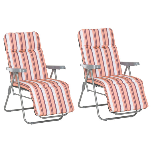 Reclining Garden Chair Set Of 2, 5-Level Adjustable Zero Gravity Chairs With Cushions, Folding Sun Lounger Garden Recliner Chairs With Armrests For Outdoor, Patio, Orange Stripe