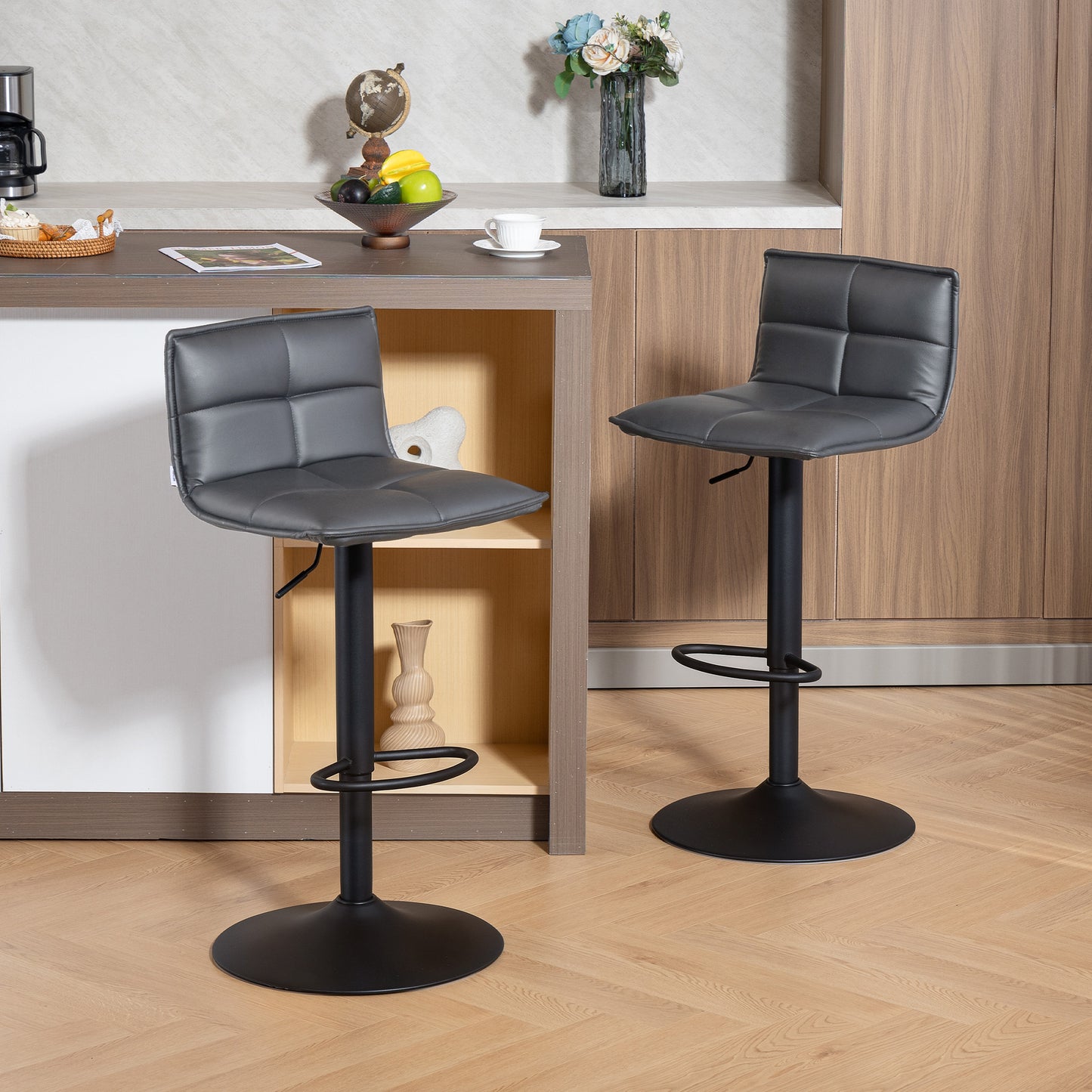 Set Of Two Modern Faux Leather Bar Stools - Dark Grey