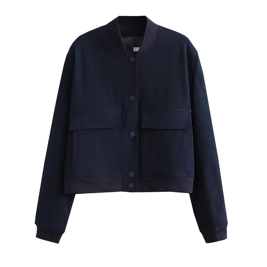 Solid Color Biker Bomber Jacket With Stand-up Collar And Double Pockets