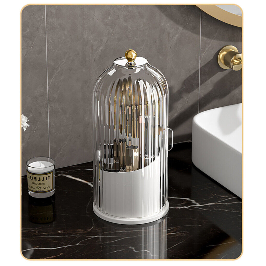 360  Rotating Makeup Brush Holder Storage Box Desktop Cosmetic Organizer W  Lid