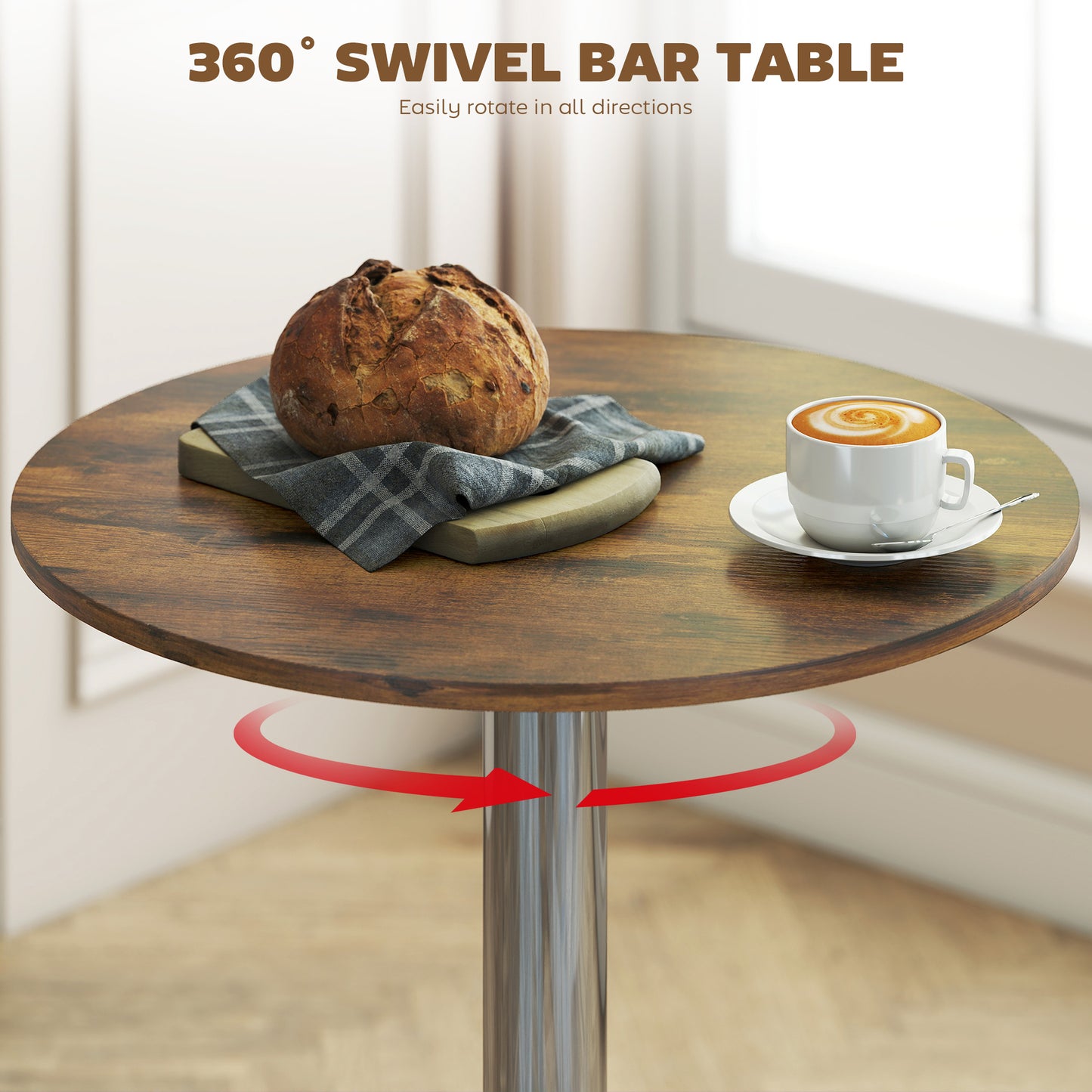 Round Bar Table, 360 Degree Swivel Counter Pub Table With Adjustable Height, For Kitchen, Cafe, Rustic Brown