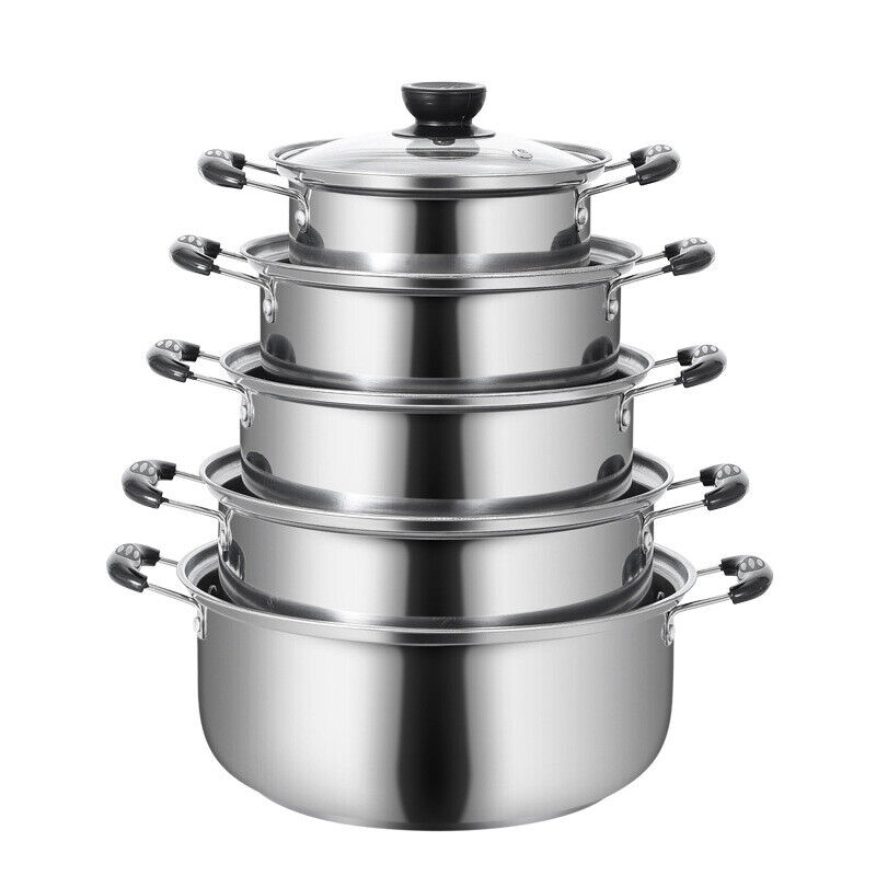 5PCS Induction Non Stick Stainless Steel Healthy Cookware Cooking Pot Stockpot