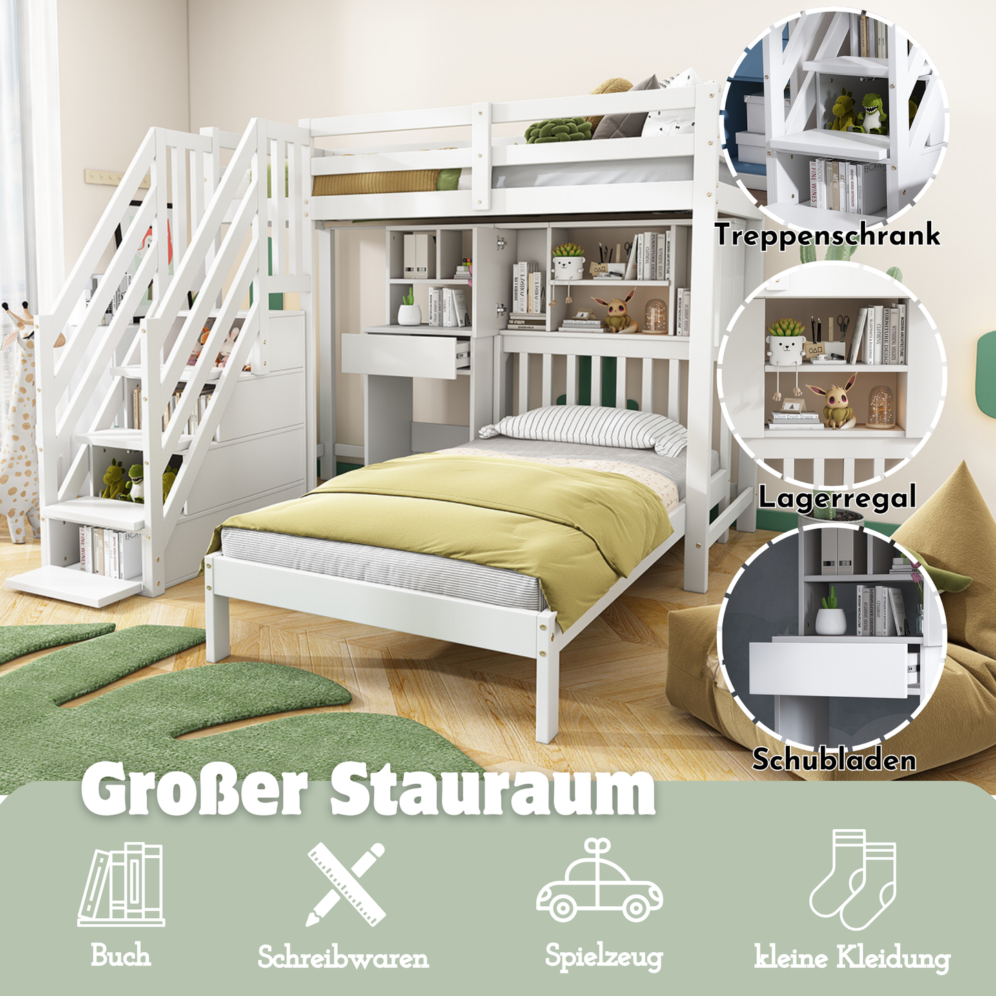 Wood House Bunk Bed 90 X190 Cm,Bunk Bed, Double Bed, Multifunctional Children's Bed, Storage Space Function, With Desk And Shelves, With Slatted Frame, White