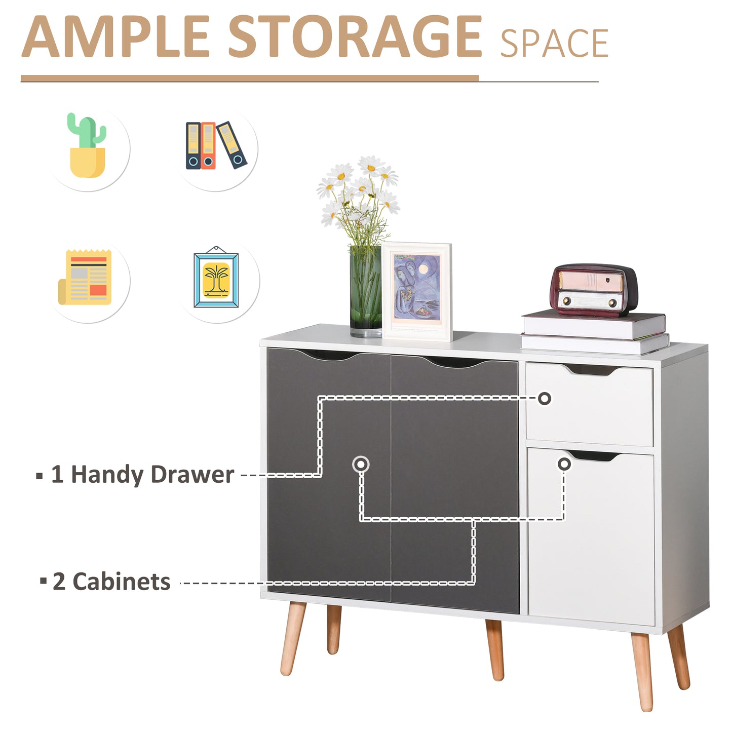 Sideboard Floor Standing Storage Cabinet With Drawer And Solid Wood Legs For Bedroom, Living Room, Home Office, Grey