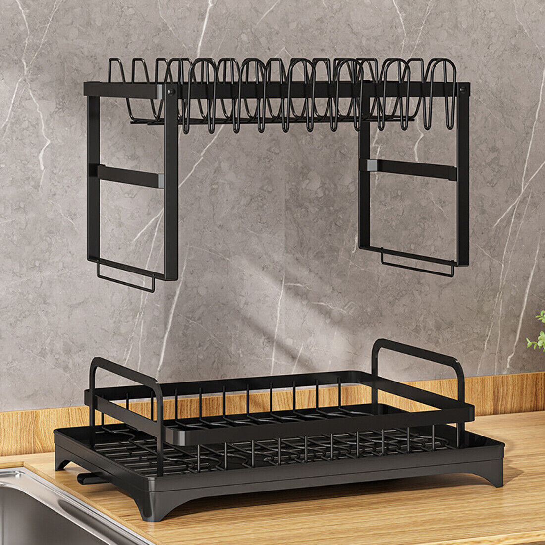 NEW 2TIER KITCHEN SINK DISH DRAINER RACK WITH DRIP TRAY CUTLERY HOLDER PLATE RACK UK