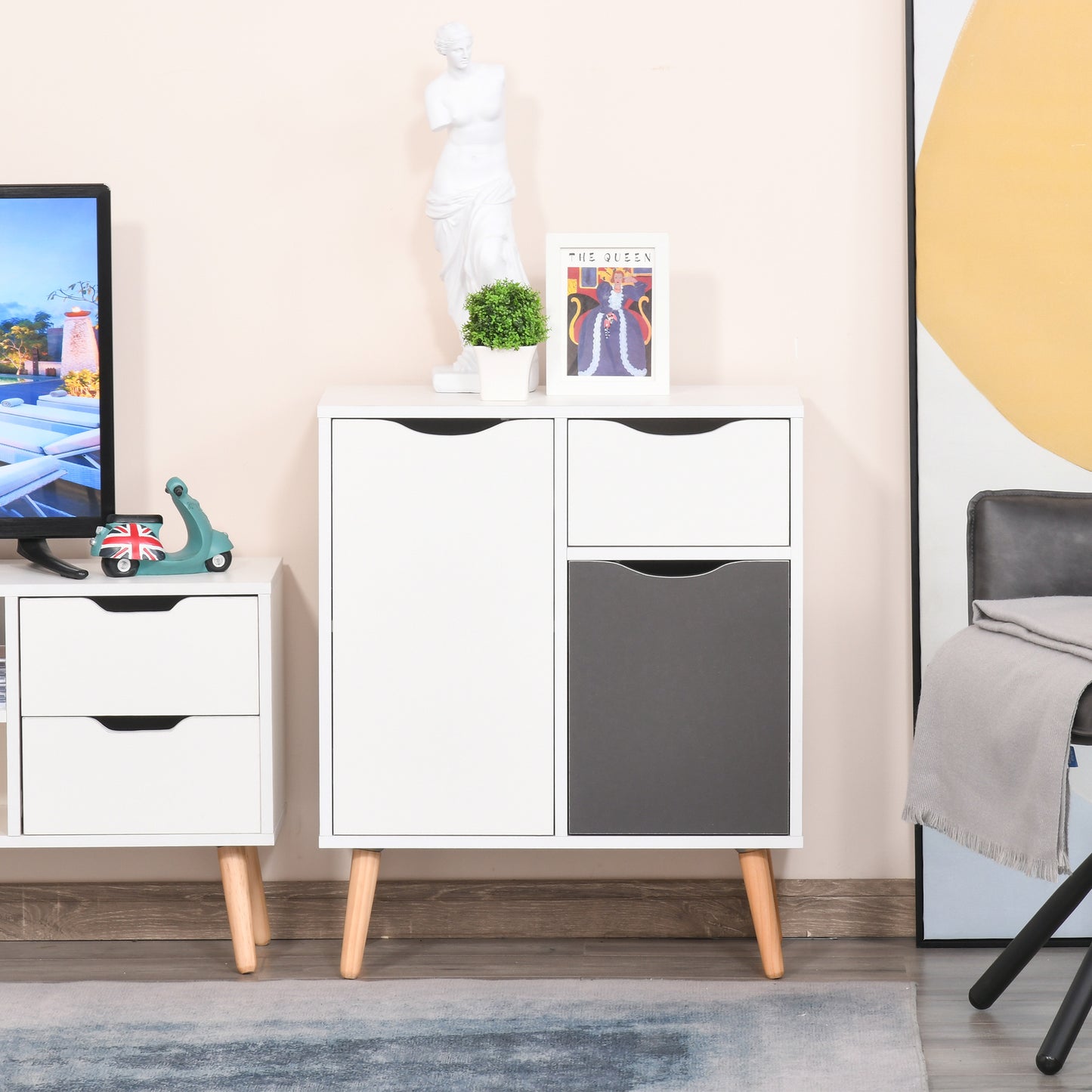 Sideboard Floor Cabinet Storage Cupboard With Drawer And Solid Wood Legs For Bedroom, Living Room, Entryway, Grey