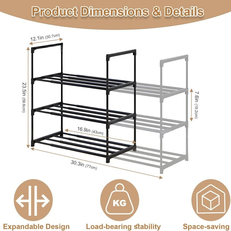 Shoe Rack 3 Tier Extendable Storage Organiser Room Hallway Tidy Space Saver UK