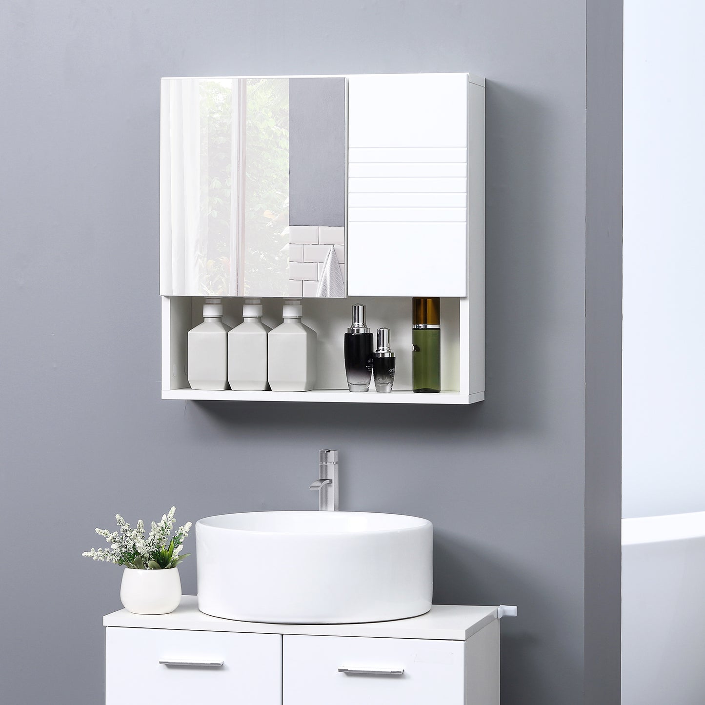 Kleankin Bathroom Mirror Cabinet Wall-Mounted Storage WDouble Door Adjustable Shelf - White