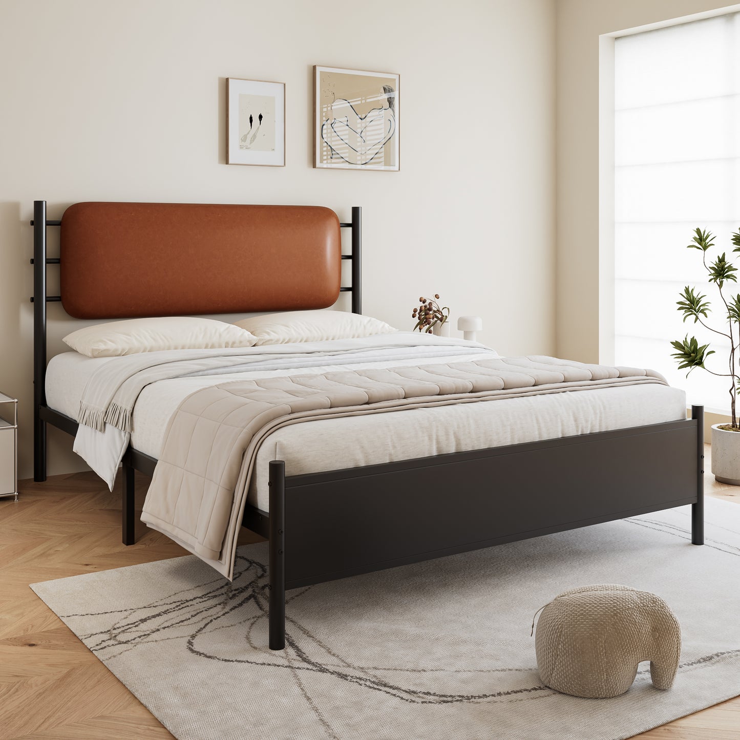 Metal Bed, 4ft6 Double Bed 135x190cm, With A PU-upholstered Headboard, Durable And Sturdy, Youth Bed, For Adults & Teenagers, Wrought Iron Bed, Black Iron PU