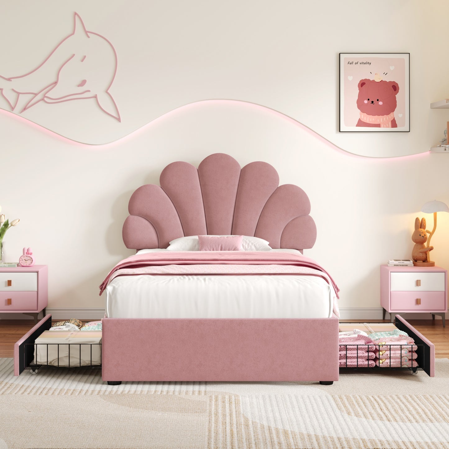 3ft Single Upholstered Bed With Adjustable Chic Petal Headboard, Soft Velvet Bed Frame With 2 Storage Drawers, Petal Bed With Solid Wood Slat, No Box Spring Needed, Easy Assembly, Pi Nk  No Mattress