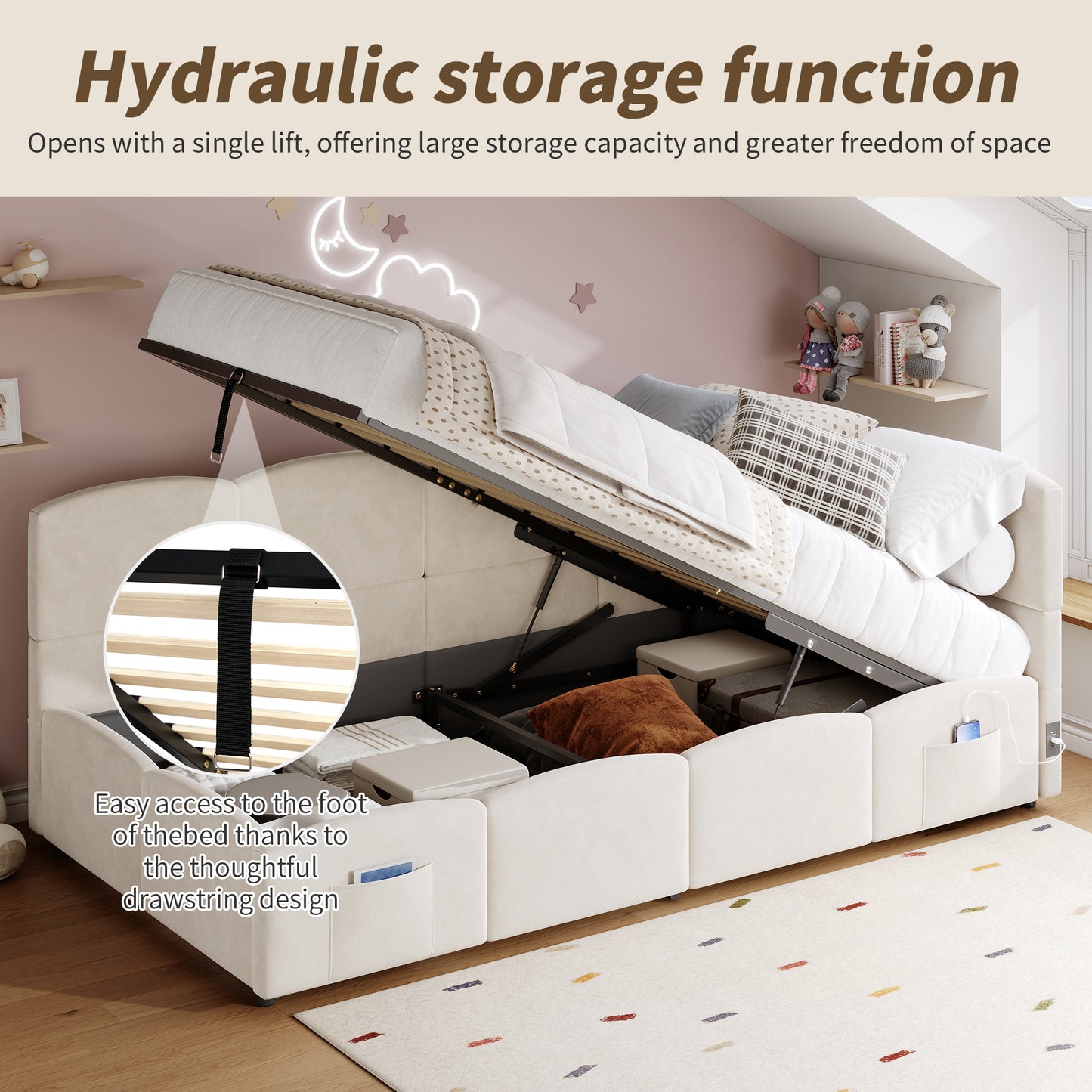 Upholstered Sofa Bed 90 X 190 Cm, 3-ft Single Daybed, Children's Bed, Single Sofa Bed With Slatted Frame, Hydraulic Storage, USB Charging, Velvet, Beige Without Mattress