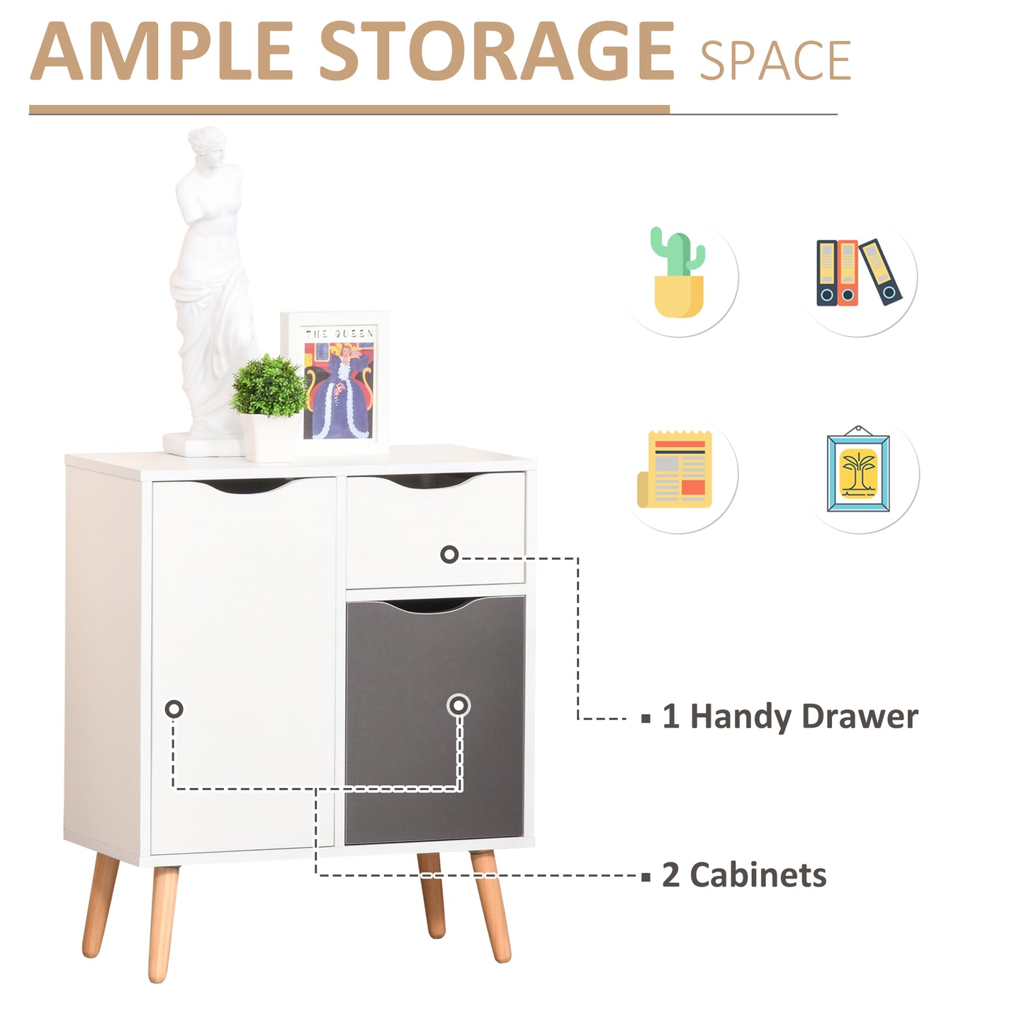 Sideboard Floor Cabinet Storage Cupboard With Drawer And Solid Wood Legs For Bedroom, Living Room, Entryway, Grey