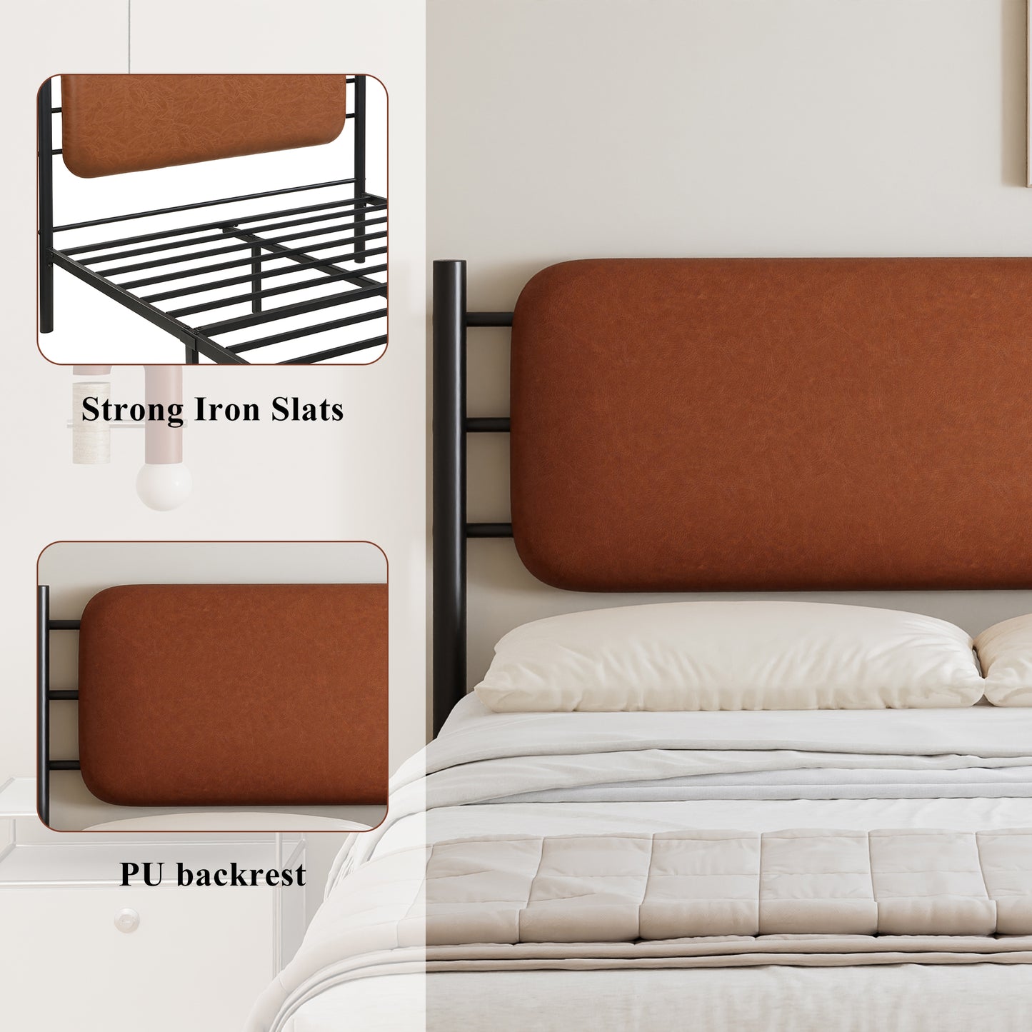 Metal Bed, 4ft6 Double Bed 135x190cm, With A PU-upholstered Headboard, Durable And Sturdy, Youth Bed, For Adults & Teenagers, Wrought Iron Bed, Black Iron PU