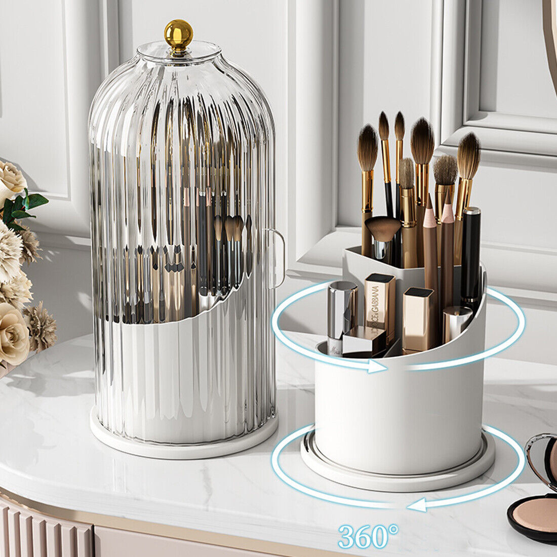 360  Rotating Makeup Brush Holder Storage Box Desktop Cosmetic Organizer W  Lid