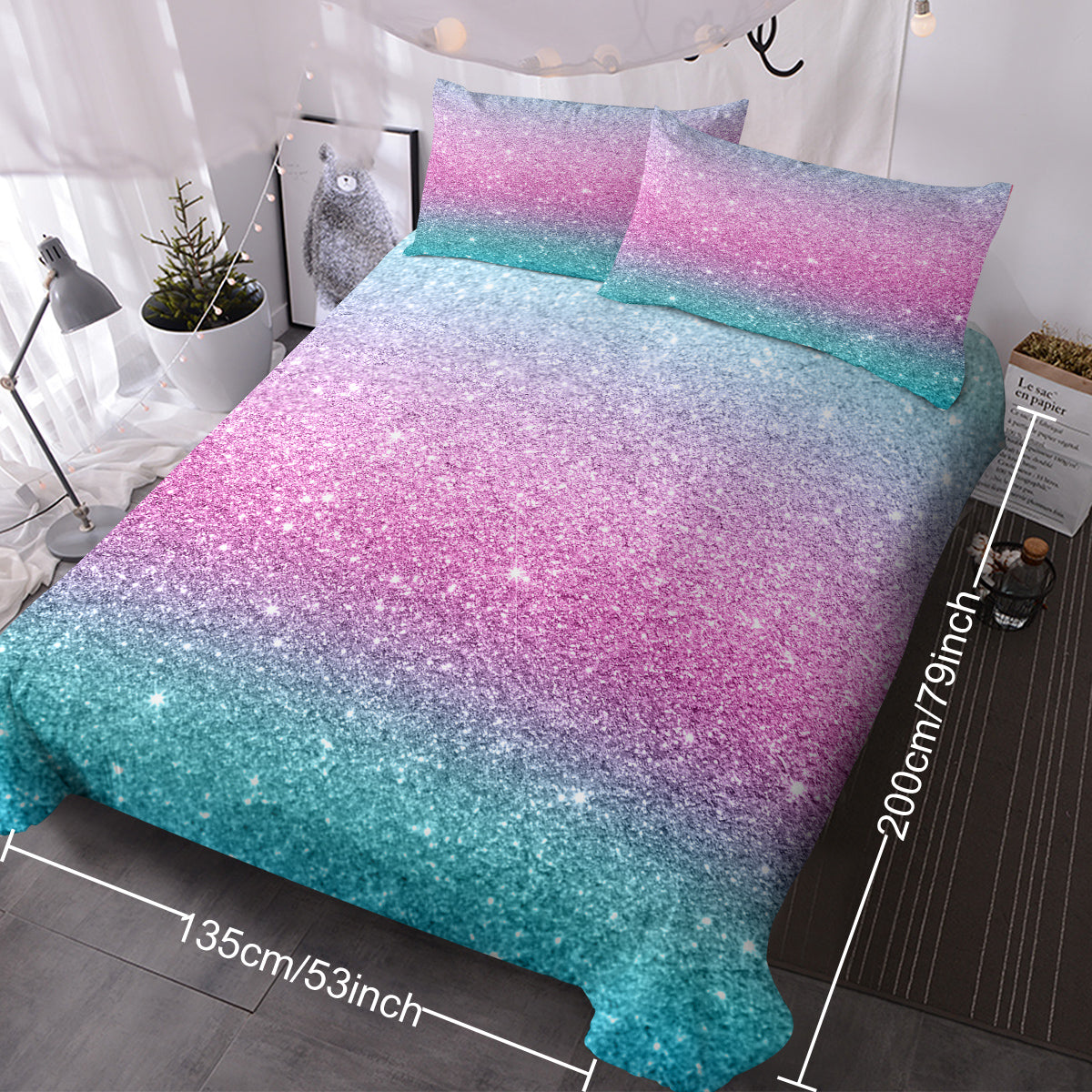 Girly Duvet Cover Rainbow Glitter Ombre Bedding Sets 3 Pcs Chic  Purple Blue Green Pastel Bed Spreads Sparkle Quilt Cover Set With 2 Pillow Shams