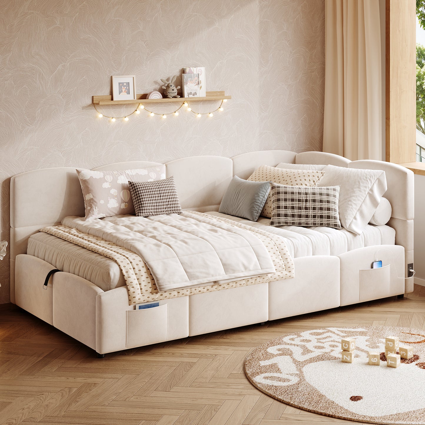 Upholstered Sofa Bed 90 X 190 Cm, 3-ft Single Daybed, Children's Bed, Single Sofa Bed With Slatted Frame, Hydraulic Storage, USB Charging, Velvet, Beige Without Mattress