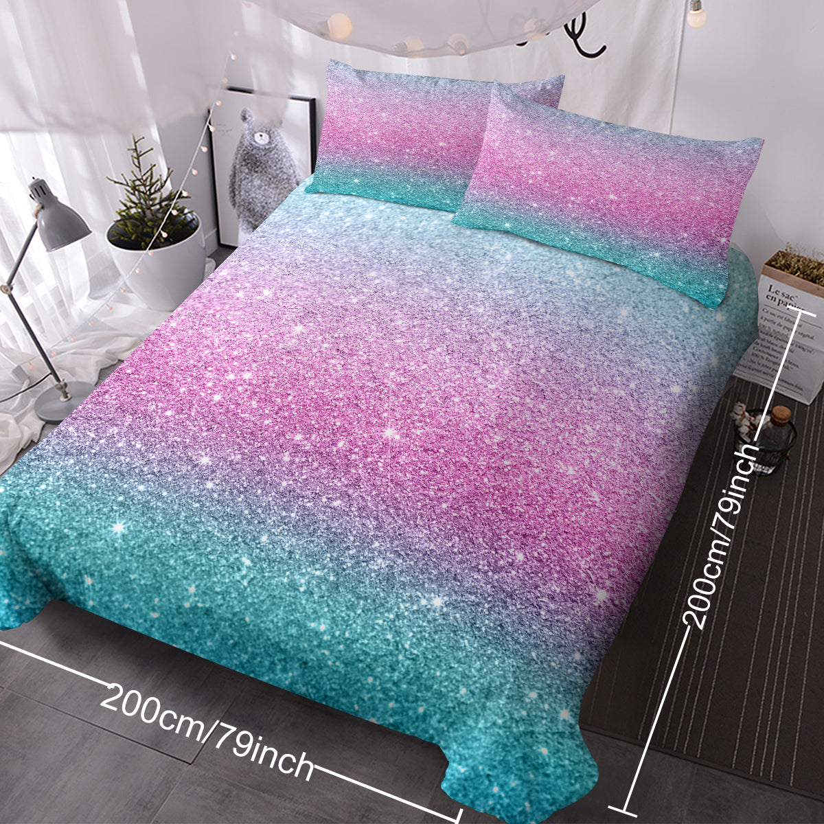 Girly Duvet Cover Rainbow Glitter Ombre Bedding Sets 3 Pcs Chic  Purple Blue Green Pastel Bed Spreads Sparkle Quilt Cover Set With 2 Pillow Shams