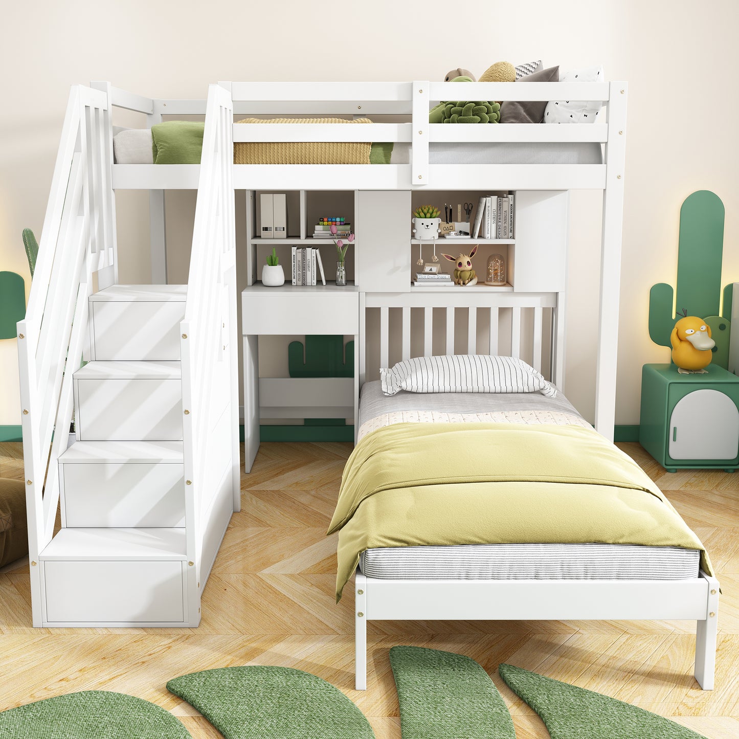 Wood House Bunk Bed 90 X190 Cm,Bunk Bed, Double Bed, Multifunctional Children's Bed, Storage Space Function, With Desk And Shelves, With Slatted Frame, White