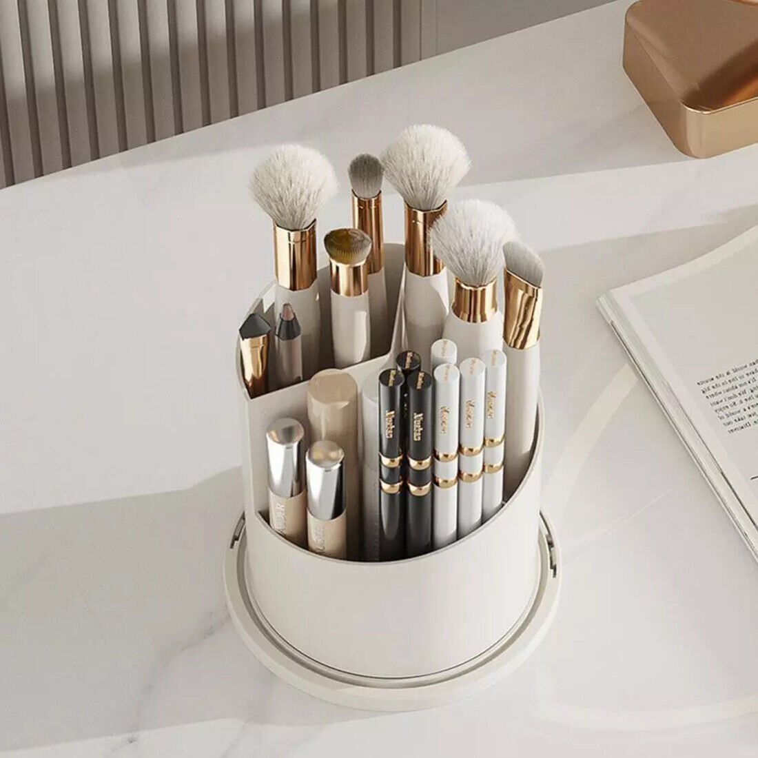 360  Rotating Makeup Brush Holder Storage Box Desktop Cosmetic Organizer W  Lid