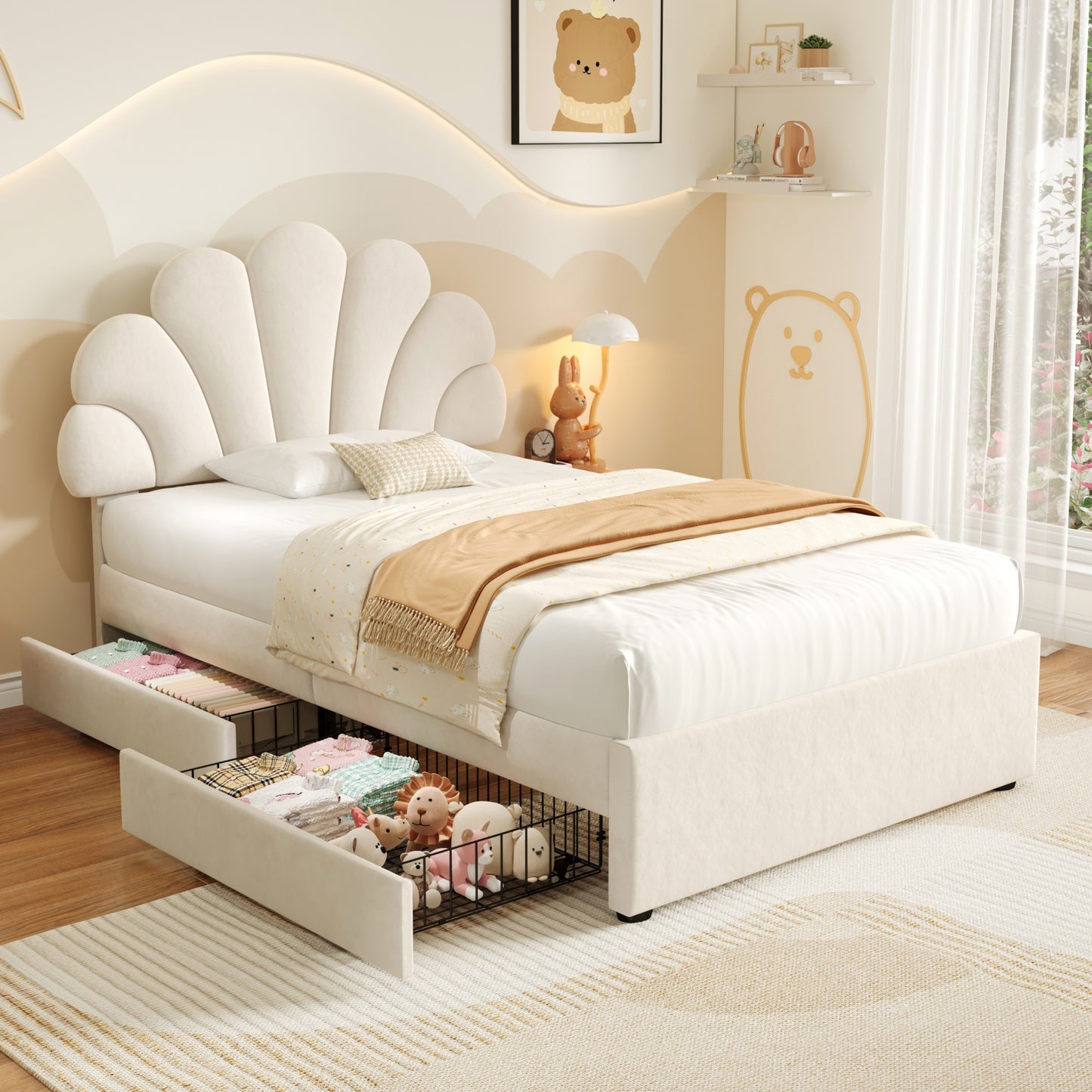 3ft Single Upholstered Bed With Adjustable Chic Petal Headboard, Soft Velvet Bed Frame With 2 Storage Drawers, Petal Bed With Solid Wood Slat, No Box Spring Needed, Easy Assembly, Beige No Mattress