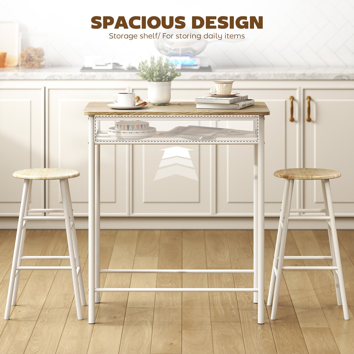 Bar Table Set, Bar Table And Stools Set, Footrest And Storage Shelf, For Kitchen, Dining Room, Pub, Cafe, White And Oak