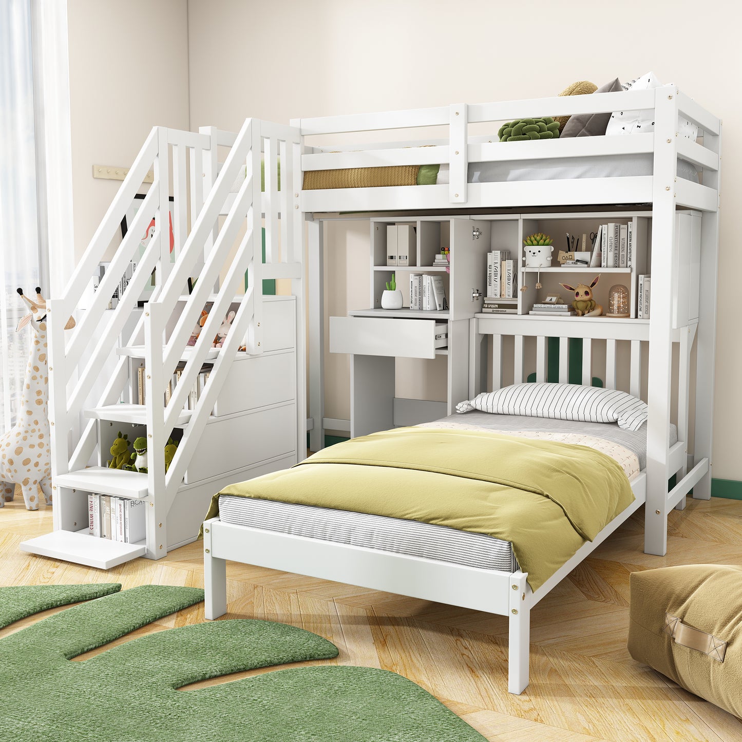 Wood House Bunk Bed 90 X190 Cm,Bunk Bed, Double Bed, Multifunctional Children's Bed, Storage Space Function, With Desk And Shelves, With Slatted Frame, White