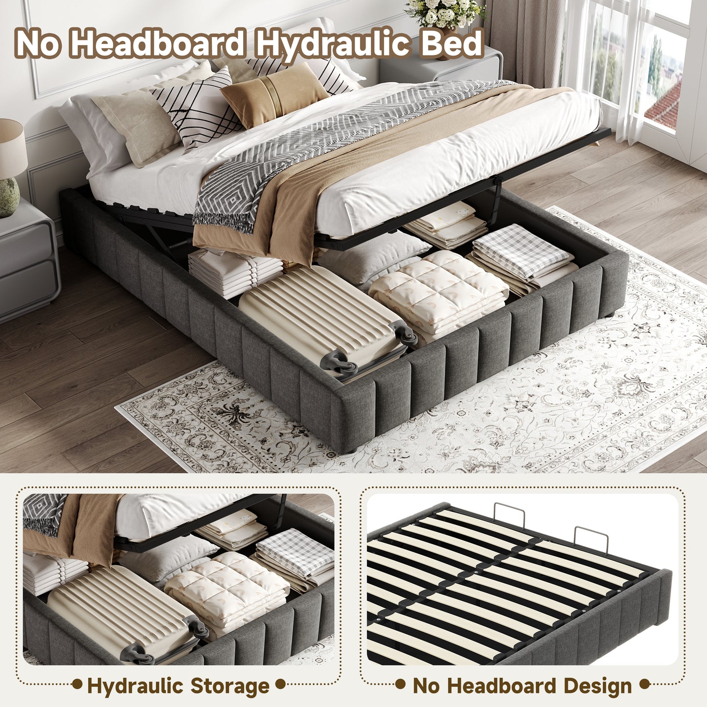 4ft6 Double Upholstered Storage Bed Frame, No Headboard  Linen Bed Frame With Hydraulic Storage, Channel Tufted  Ottoman Bed, Metal-Wood Support, No Box Spring Needed, Easy Assembly,Grey No Mattress