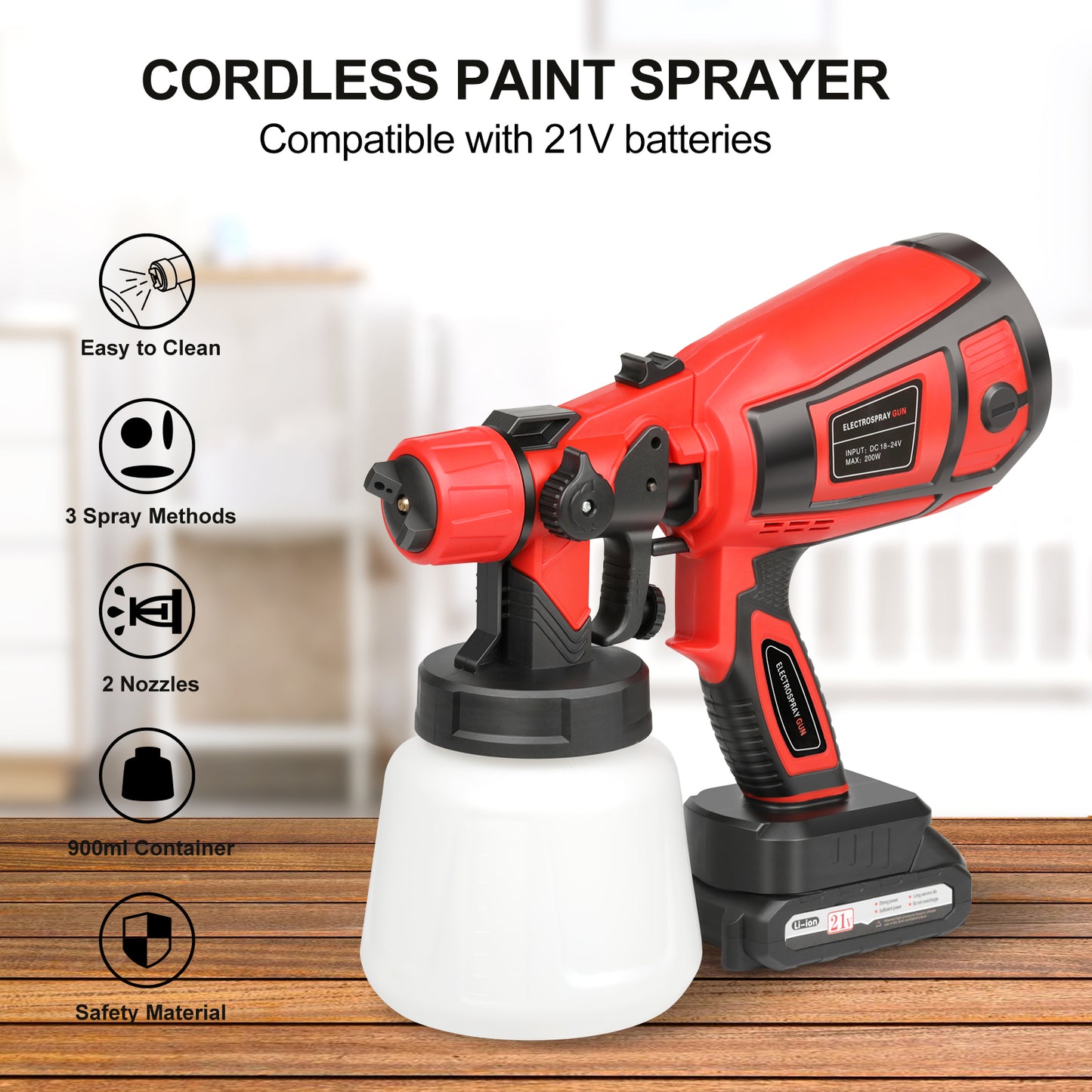 Cordless Electric Spray Paint Applicator, Equipped With 2 X 2.0mAh 21V Batteries Makita Plug, 2 Nozzles And 3 Spray Modes, 900ml Large-capacity Removable Container