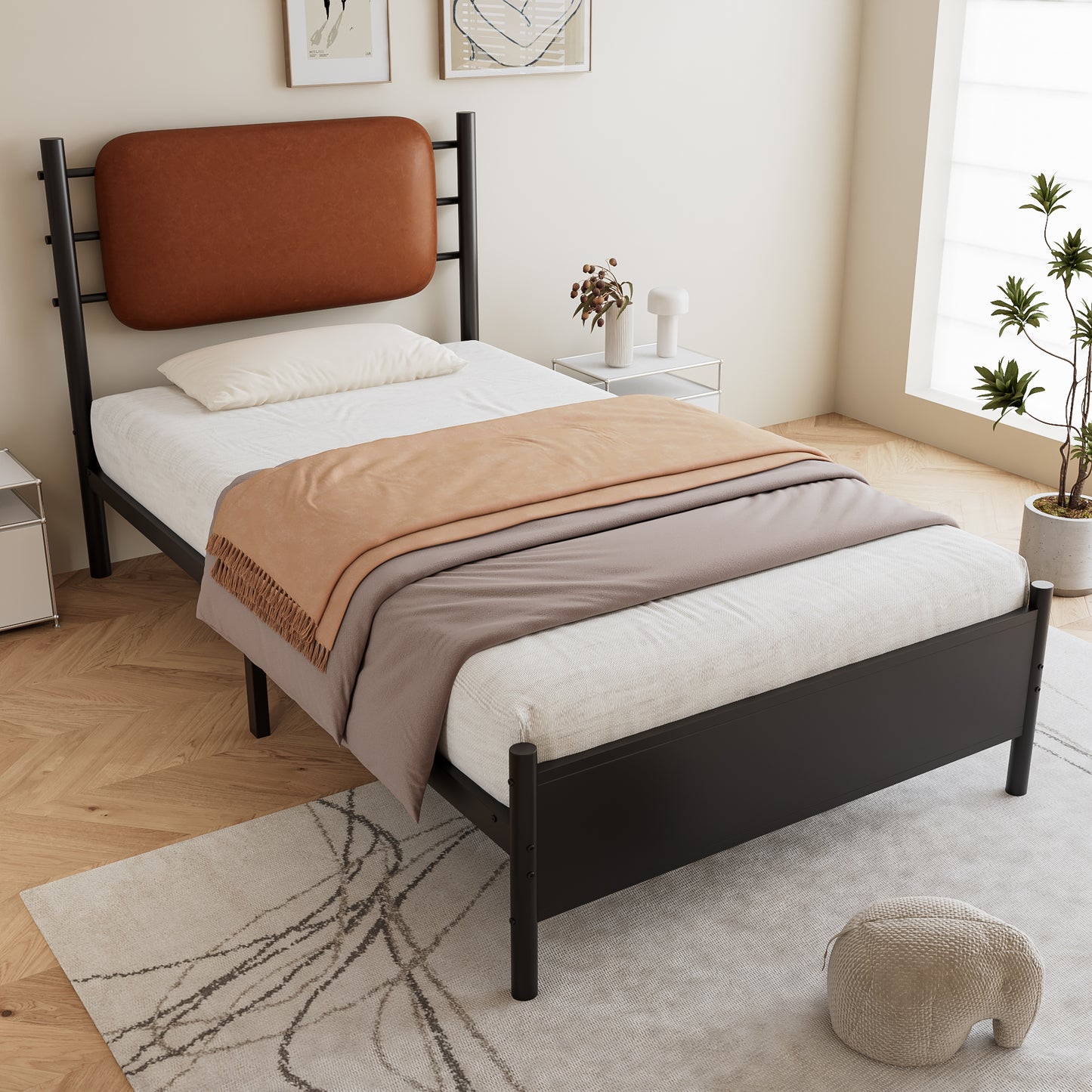 Metal Bed, 3FT Single Bed 90x190cm, With A PU-upholstered Headboard, Durable And Sturdy, Youth Bed, For Adults & Teenagers, Wrought Iron Bed, Black Iron PU