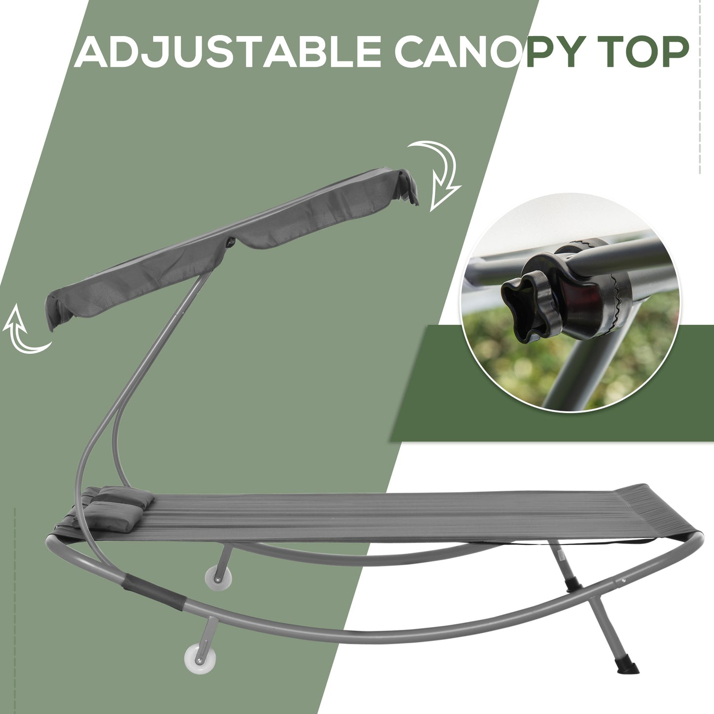 Double Sun Lounger With Adjustable Detachable Canopy, Portable Garden Daybed For 2 With Wheels, Outdoor Sunbed Hammock With 2 Pillows, 220 KG Max. Load, Grey