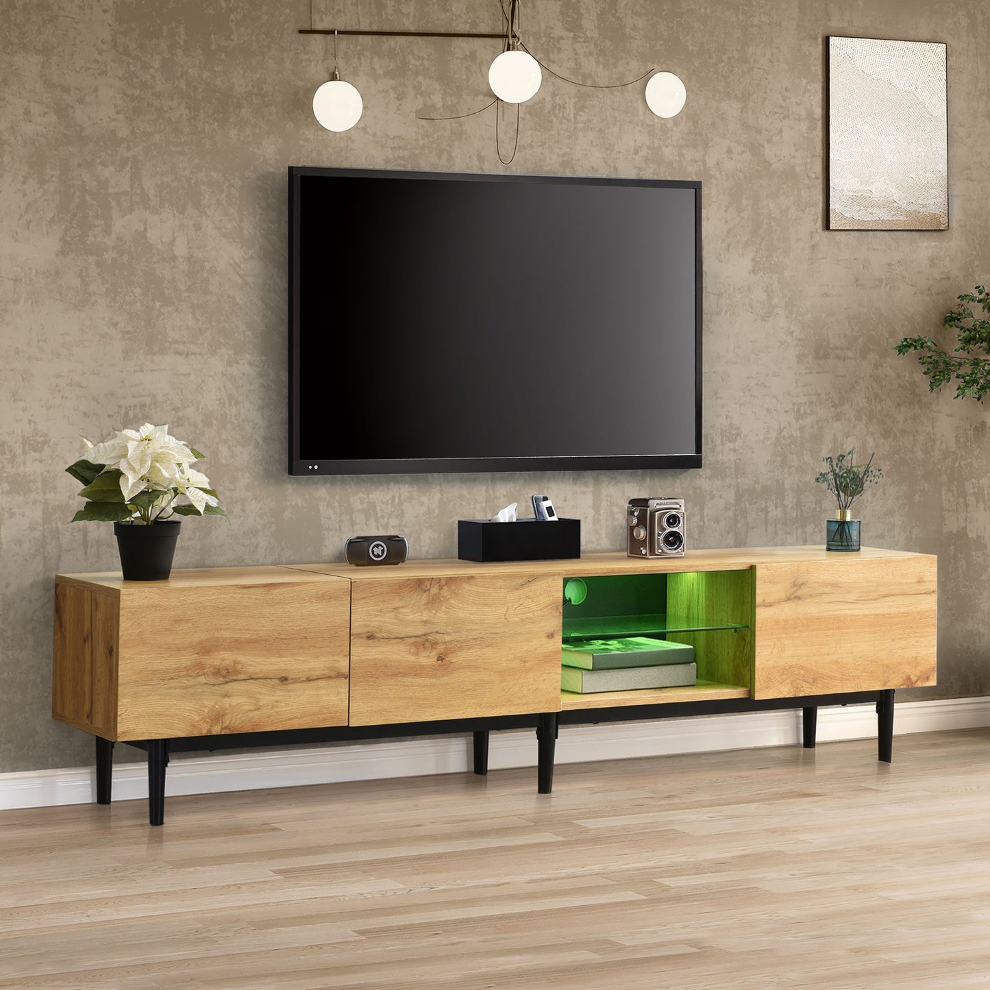 Modern TV Cabinet With Adjustable LED Lighting Large Storage Space Wood Grain Finish & Minimalist Design  Entertainment Center For Living Room Media Console With 3 Cabinets 175 X31 X 41 Cm