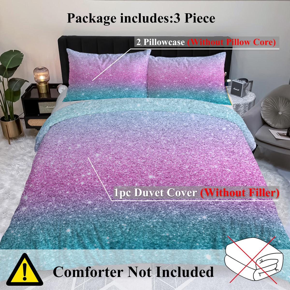 Girly Duvet Cover Rainbow Glitter Ombre Bedding Sets 3 Pcs Chic  Purple Blue Green Pastel Bed Spreads Sparkle Quilt Cover Set With 2 Pillow Shams