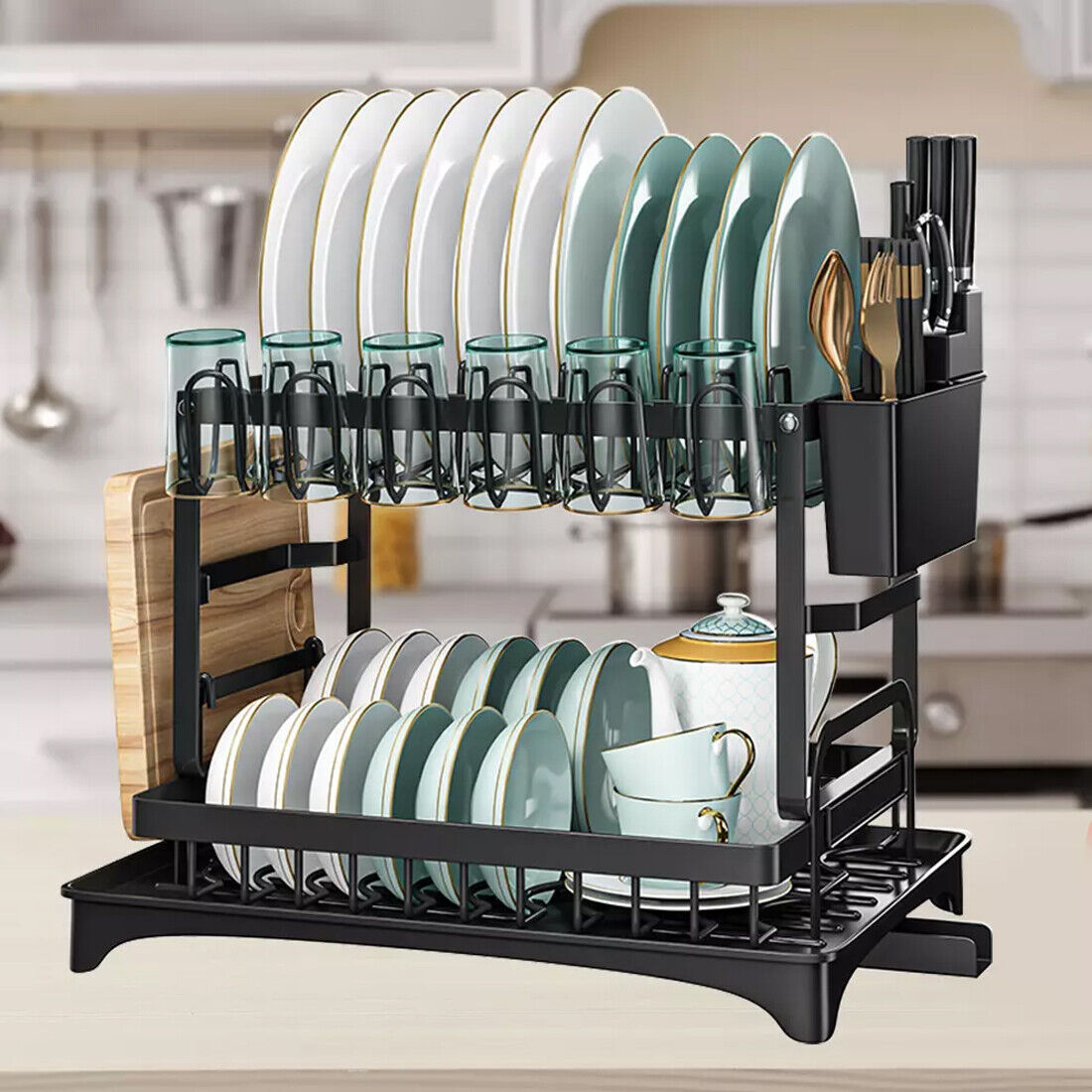 NEW 2TIER KITCHEN SINK DISH DRAINER RACK WITH DRIP TRAY CUTLERY HOLDER PLATE RACK UK