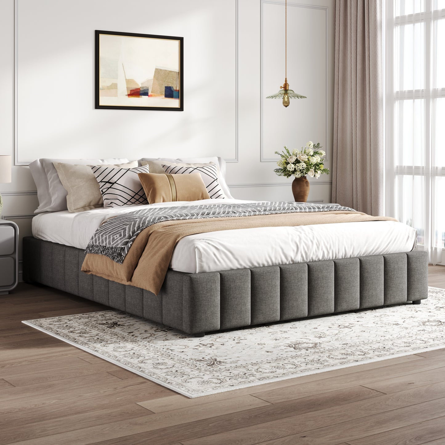 4ft6 Double Upholstered Storage Bed Frame, No Headboard  Linen Bed Frame With Hydraulic Storage, Channel Tufted  Ottoman Bed, Metal-Wood Support, No Box Spring Needed, Easy Assembly,Grey No Mattress