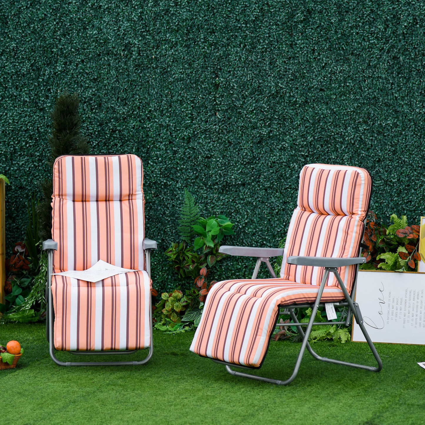 Reclining Garden Chair Set Of 2, 5-Level Adjustable Zero Gravity Chairs With Cushions, Folding Sun Lounger Garden Recliner Chairs With Armrests For Outdoor, Patio, Orange Stripe