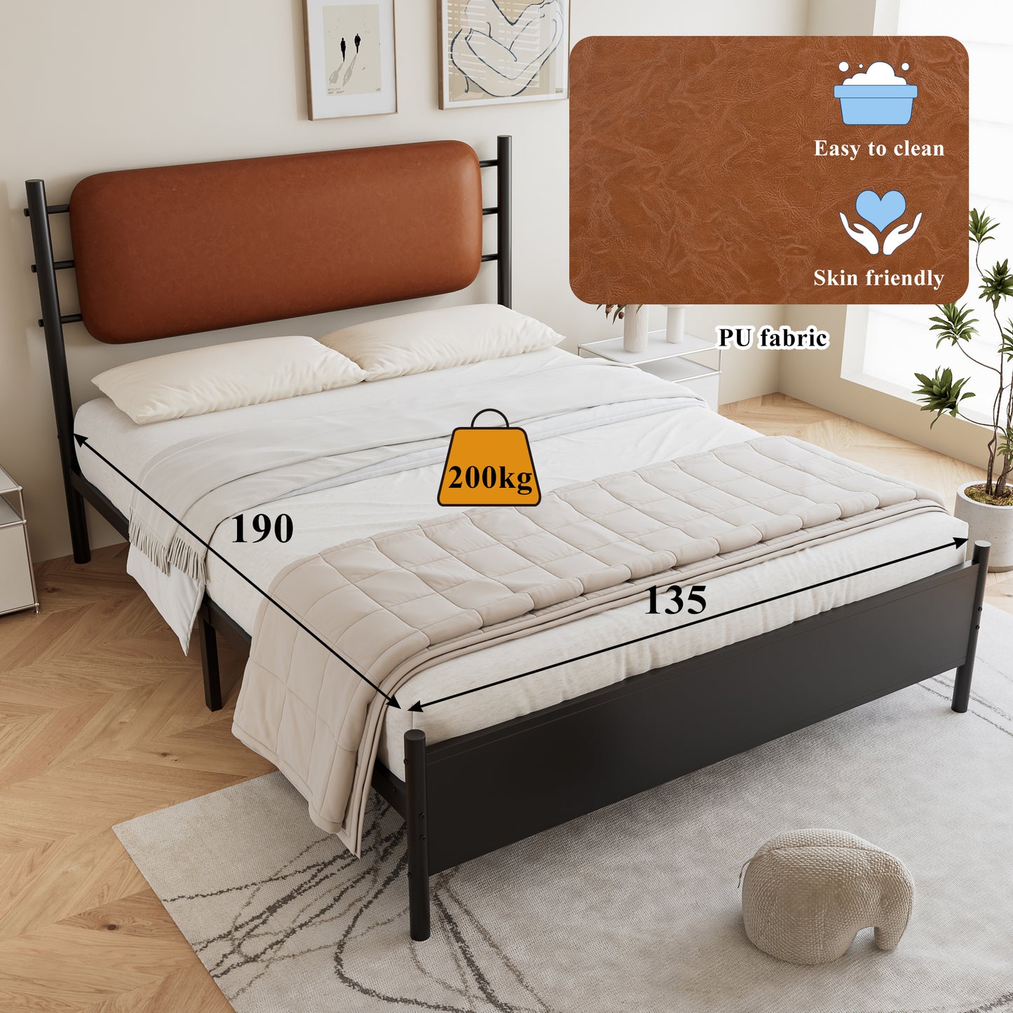 Metal Bed, 4ft6 Double Bed 135x190cm, With A PU-upholstered Headboard, Durable And Sturdy, Youth Bed, For Adults & Teenagers, Wrought Iron Bed, Black Iron PU