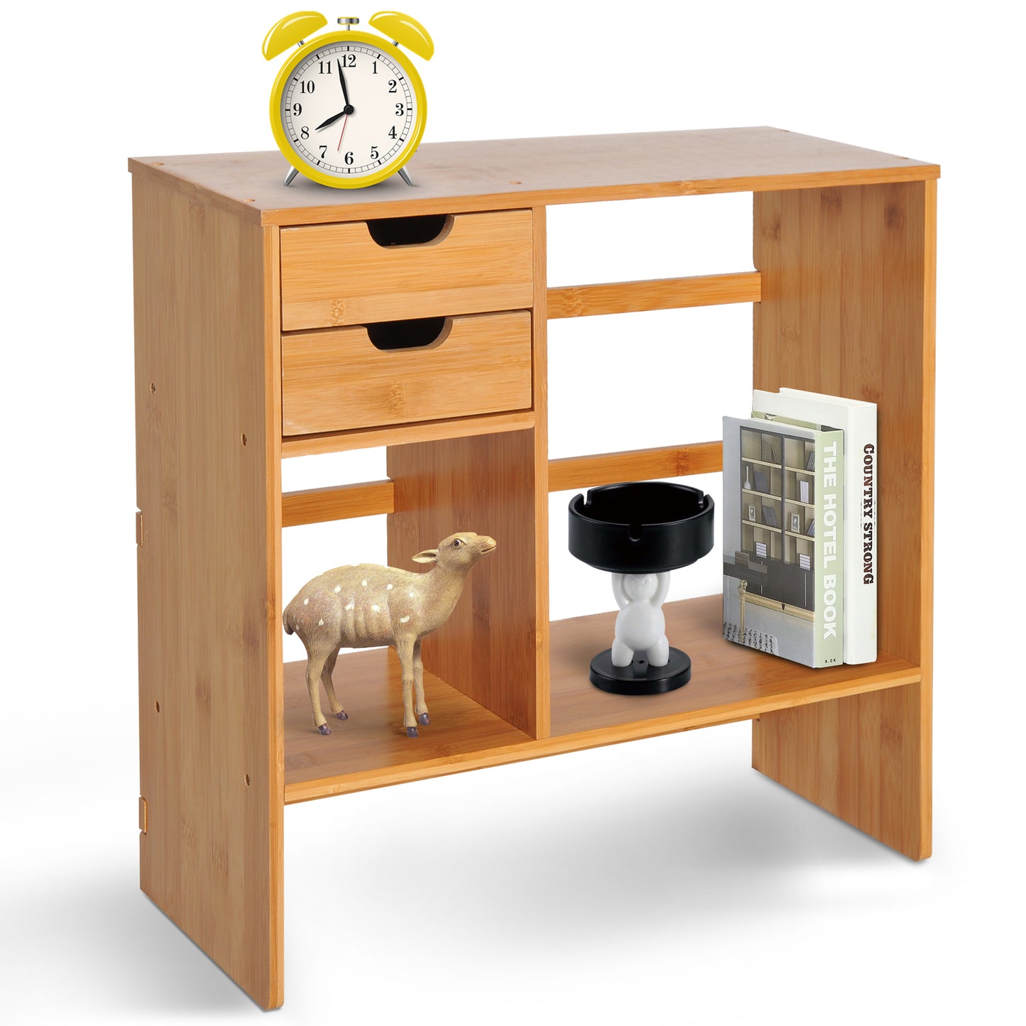 Desk Organiser Compartments Desktop Bookshelf Stationery Storage Shelf Document File Holder With 2 Drawers 2-way Reversed Use Bamboo
